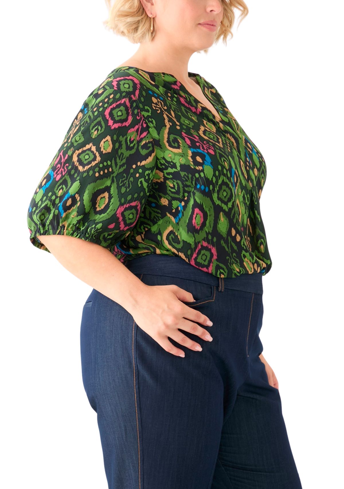 Plus Size Elbow Sleeve Split Neck Woven Blouse 