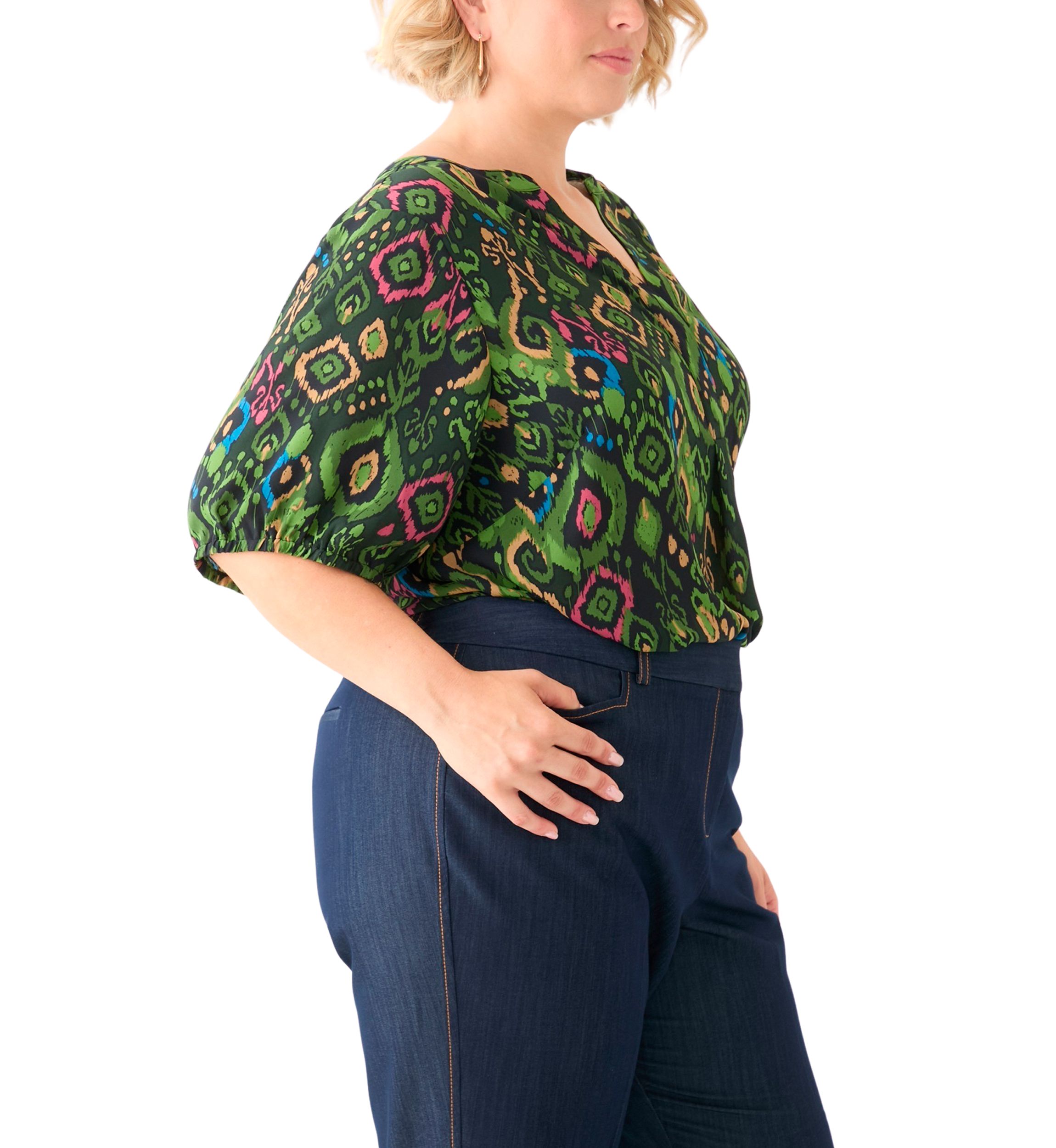 Plus Size Elbow Sleeve Split Neck Woven Blouse 