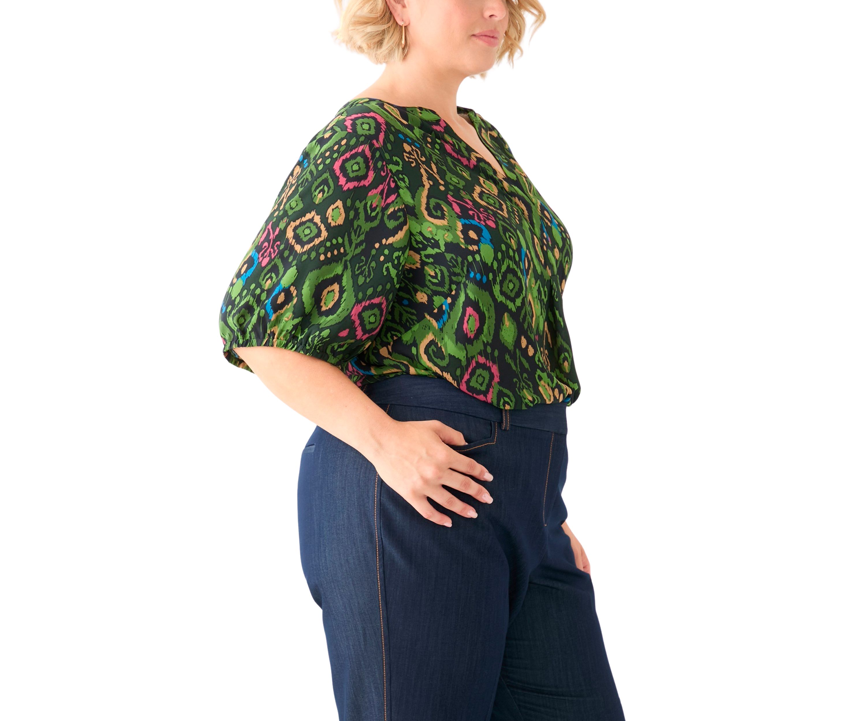 Plus Size Elbow Sleeve Split Neck Woven Blouse 
