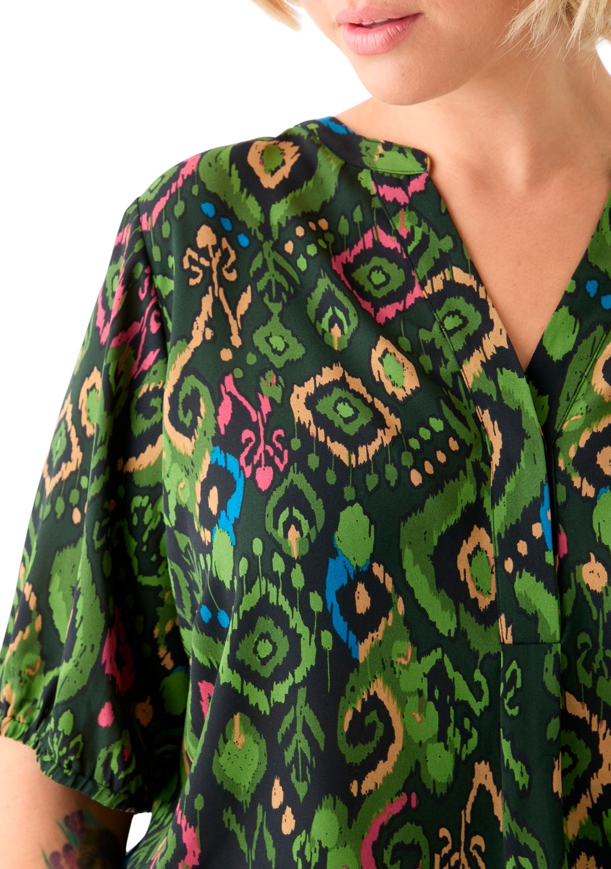 Plus Size Elbow Sleeve Split Neck Woven Blouse 