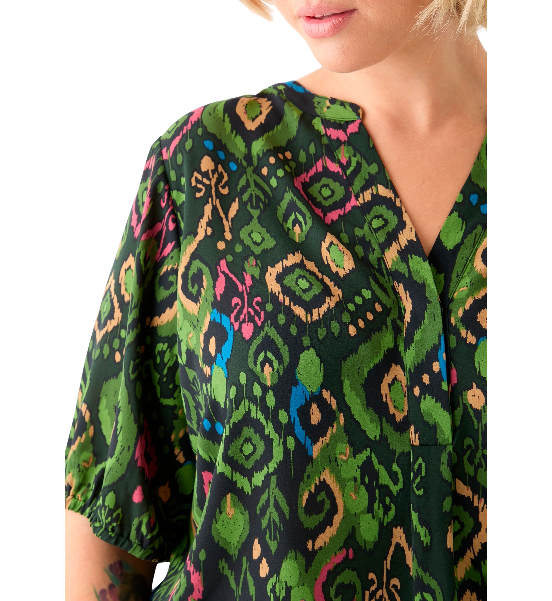 Plus Size Elbow Sleeve Split Neck Woven Blouse 
