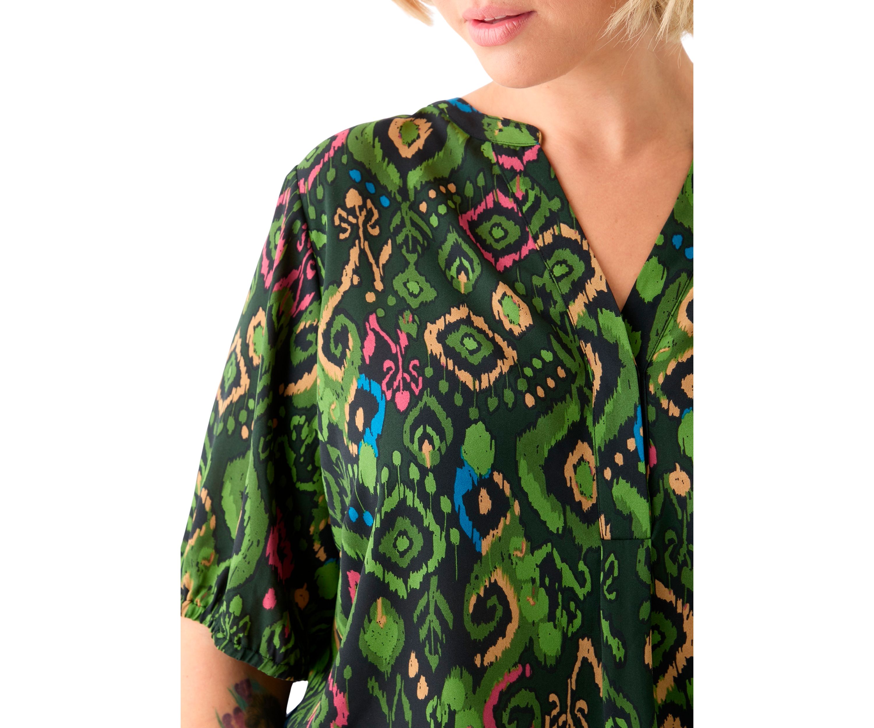 Plus Size Elbow Sleeve Split Neck Woven Blouse 