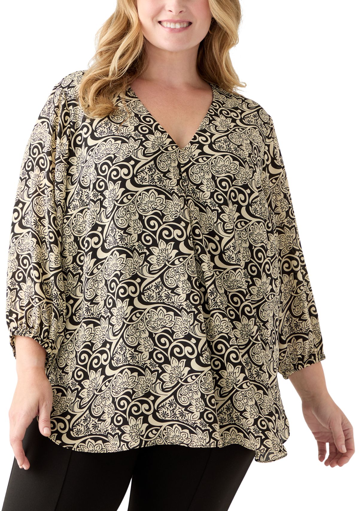 Plus Size 3/4 Sleeve Ornate Print Top