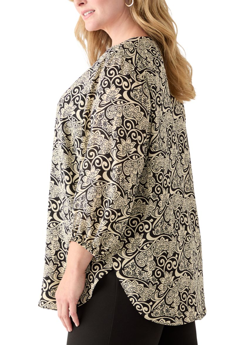 Plus Size 3/4 Sleeve Ornate Print Top