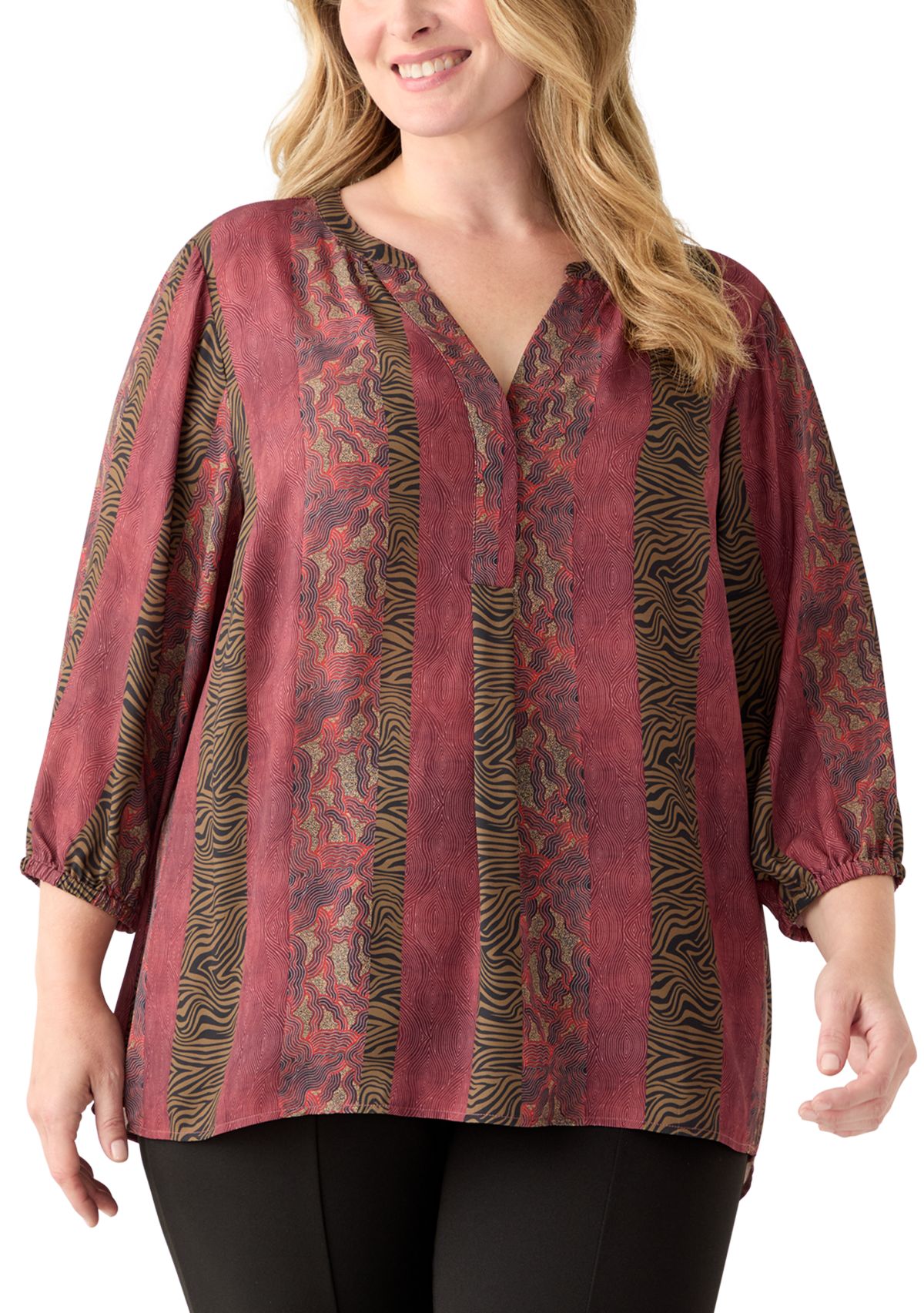 Plus Size 3/4 Blouson Sleeve Printed Popover Blouse