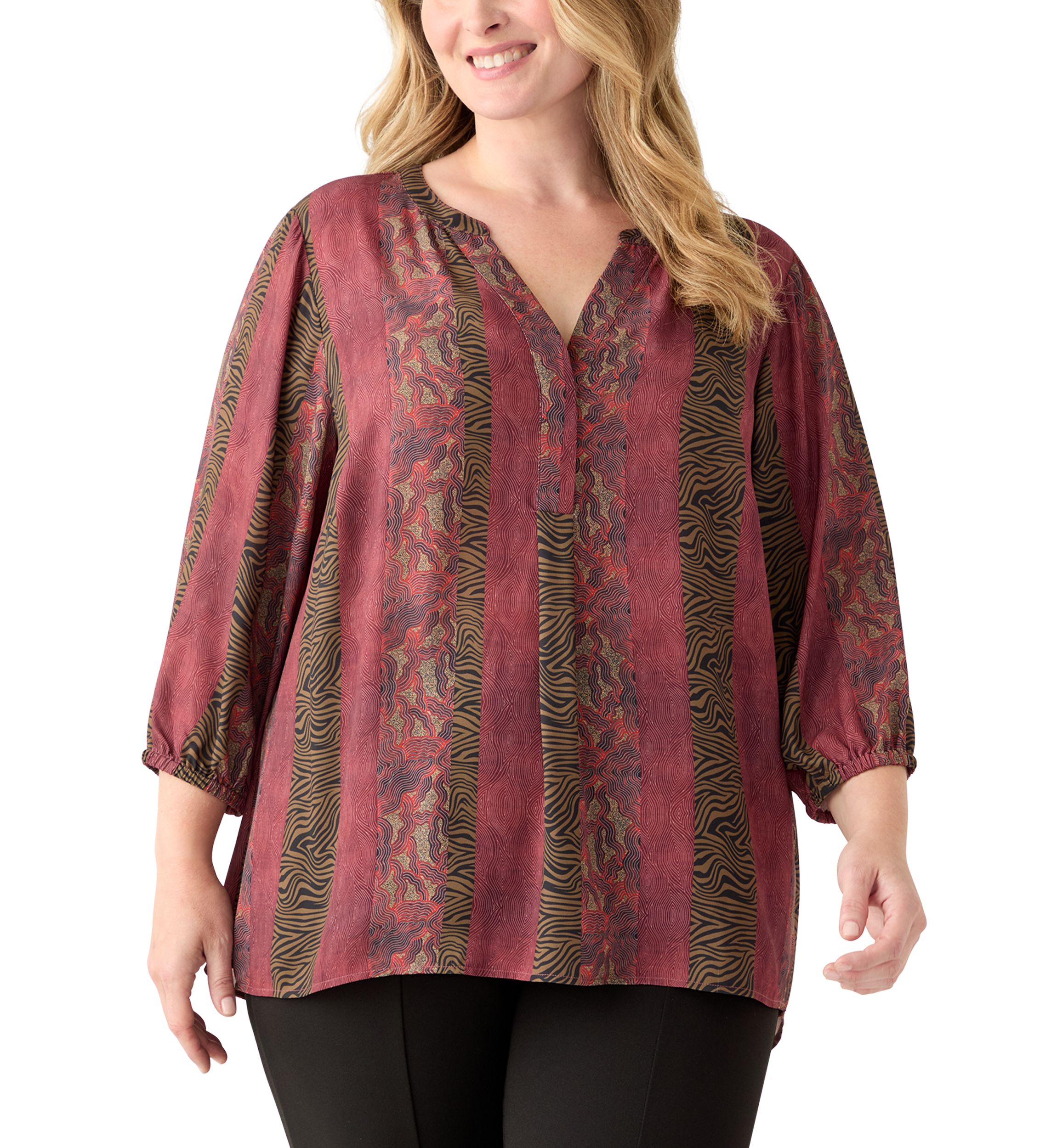 Plus Size 3/4 Blouson Sleeve Printed Popover Blouse