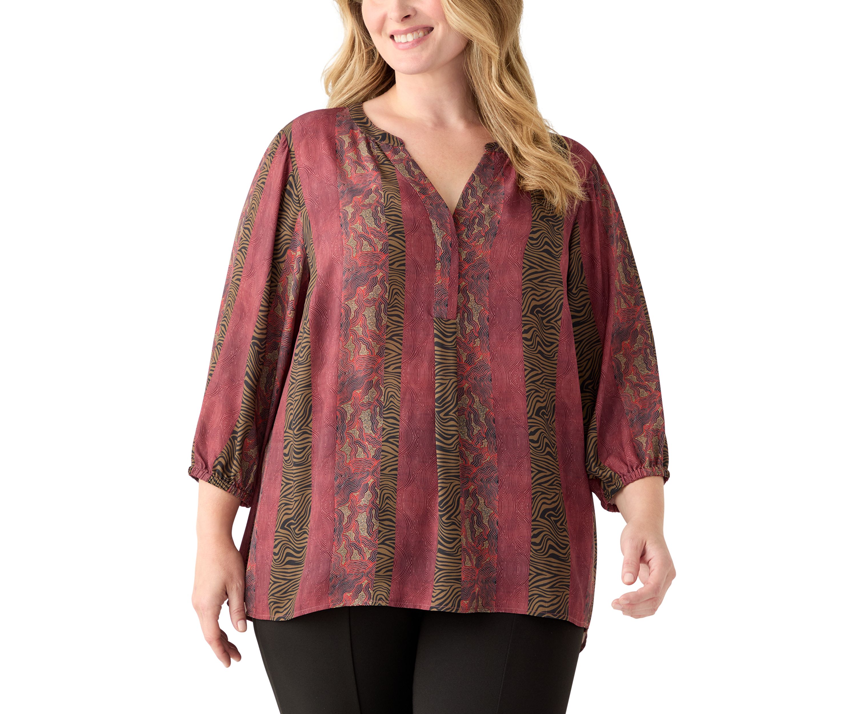 Plus Size 3/4 Blouson Sleeve Printed Popover Blouse