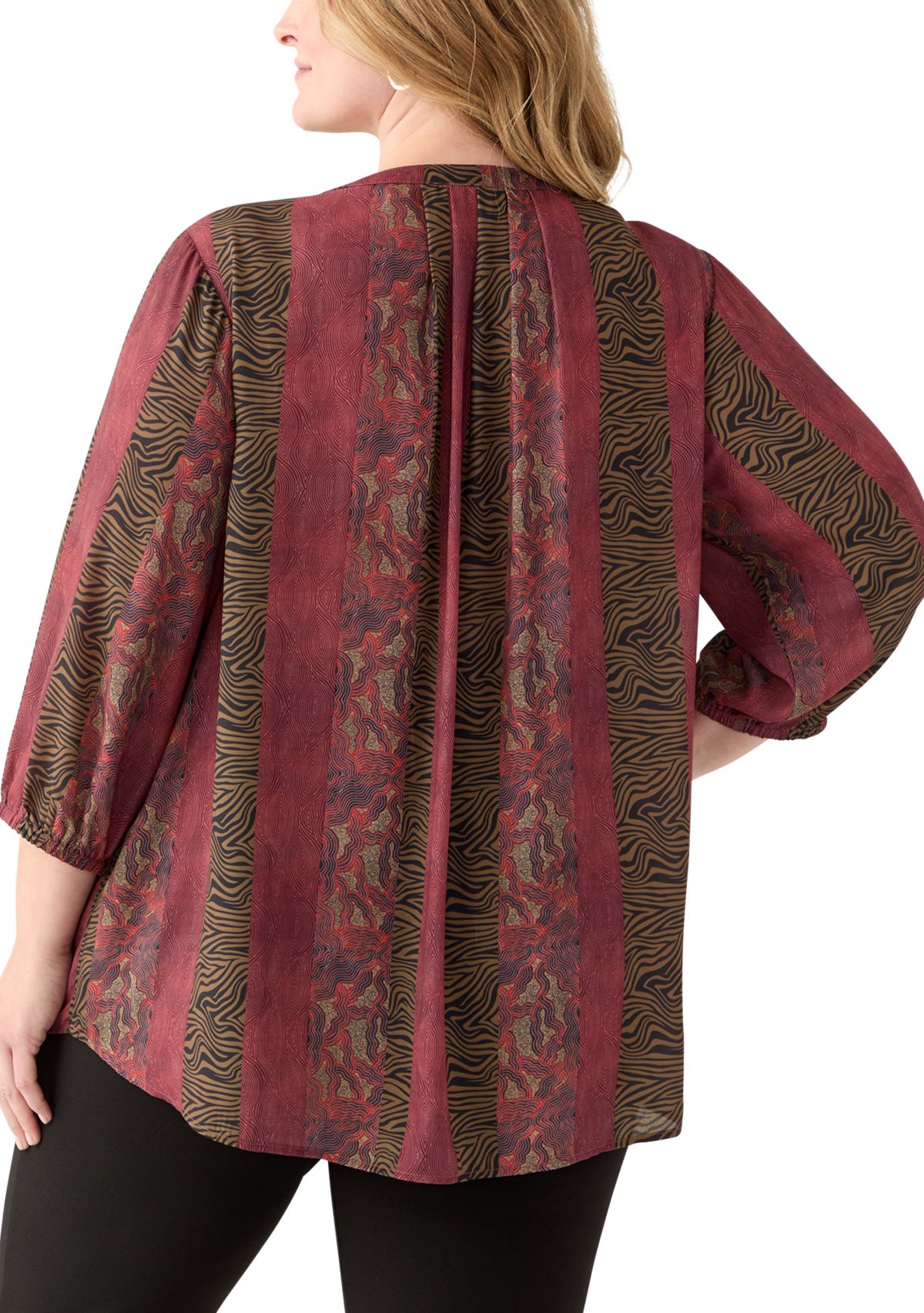 Plus Size 3/4 Blouson Sleeve Printed Popover Blouse