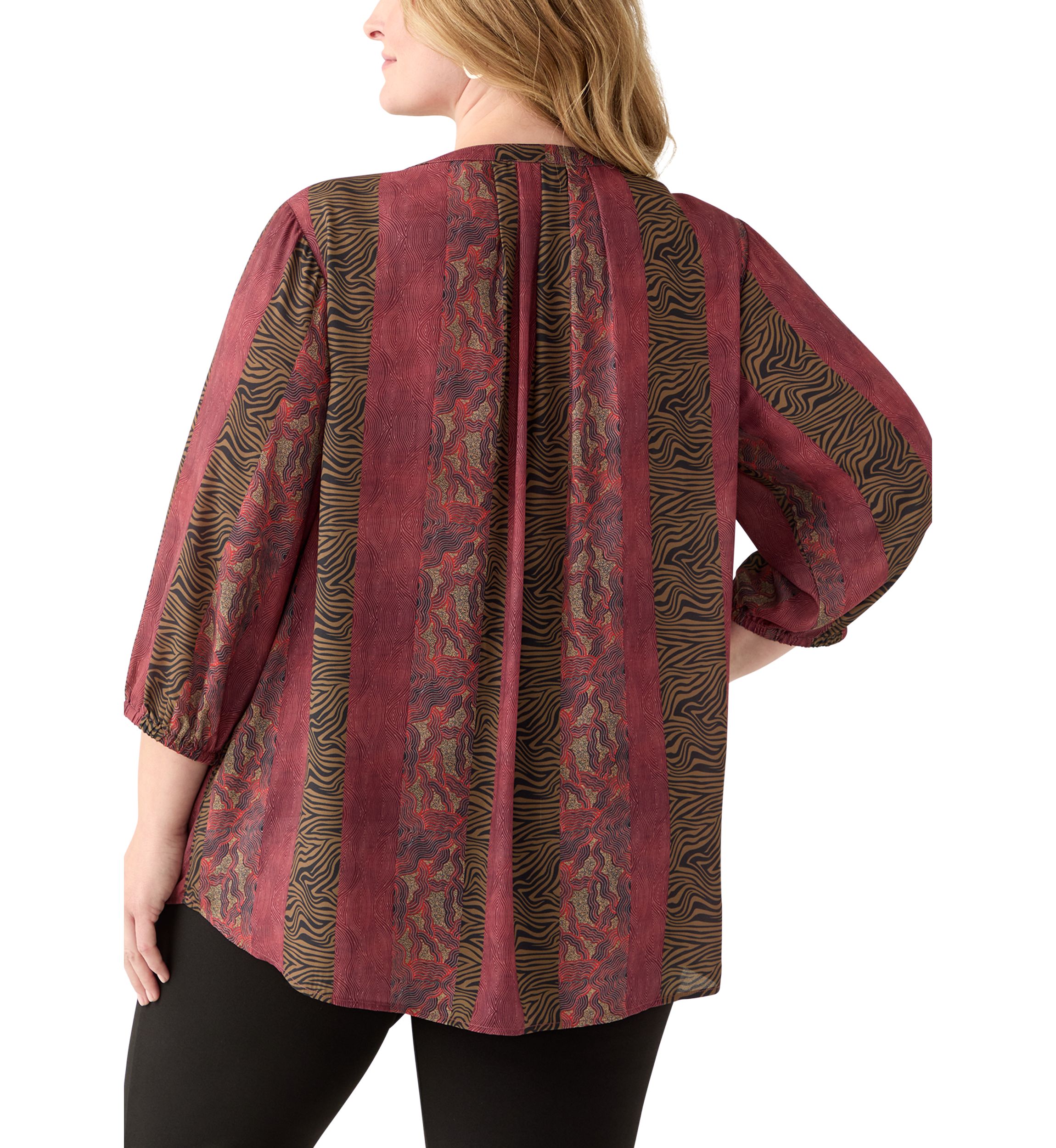 Plus Size 3/4 Blouson Sleeve Printed Popover Blouse