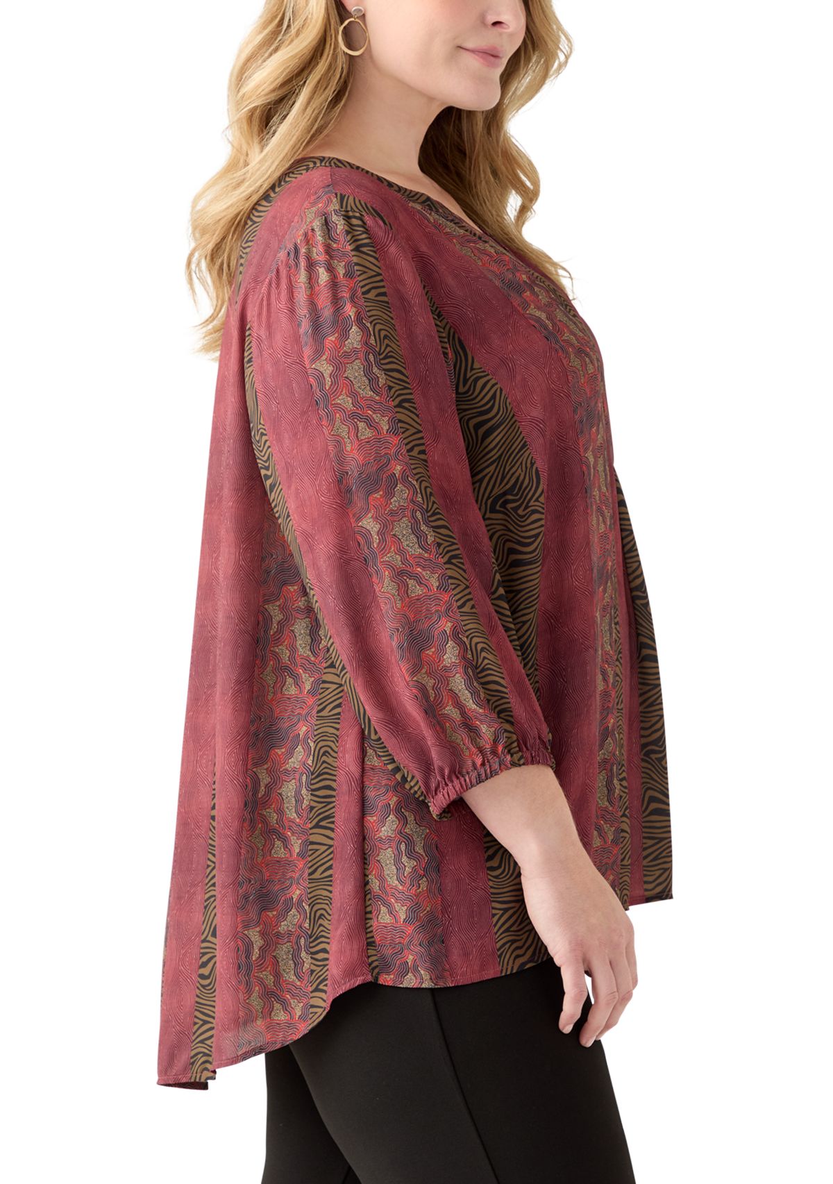 Plus Size 3/4 Blouson Sleeve Printed Popover Blouse