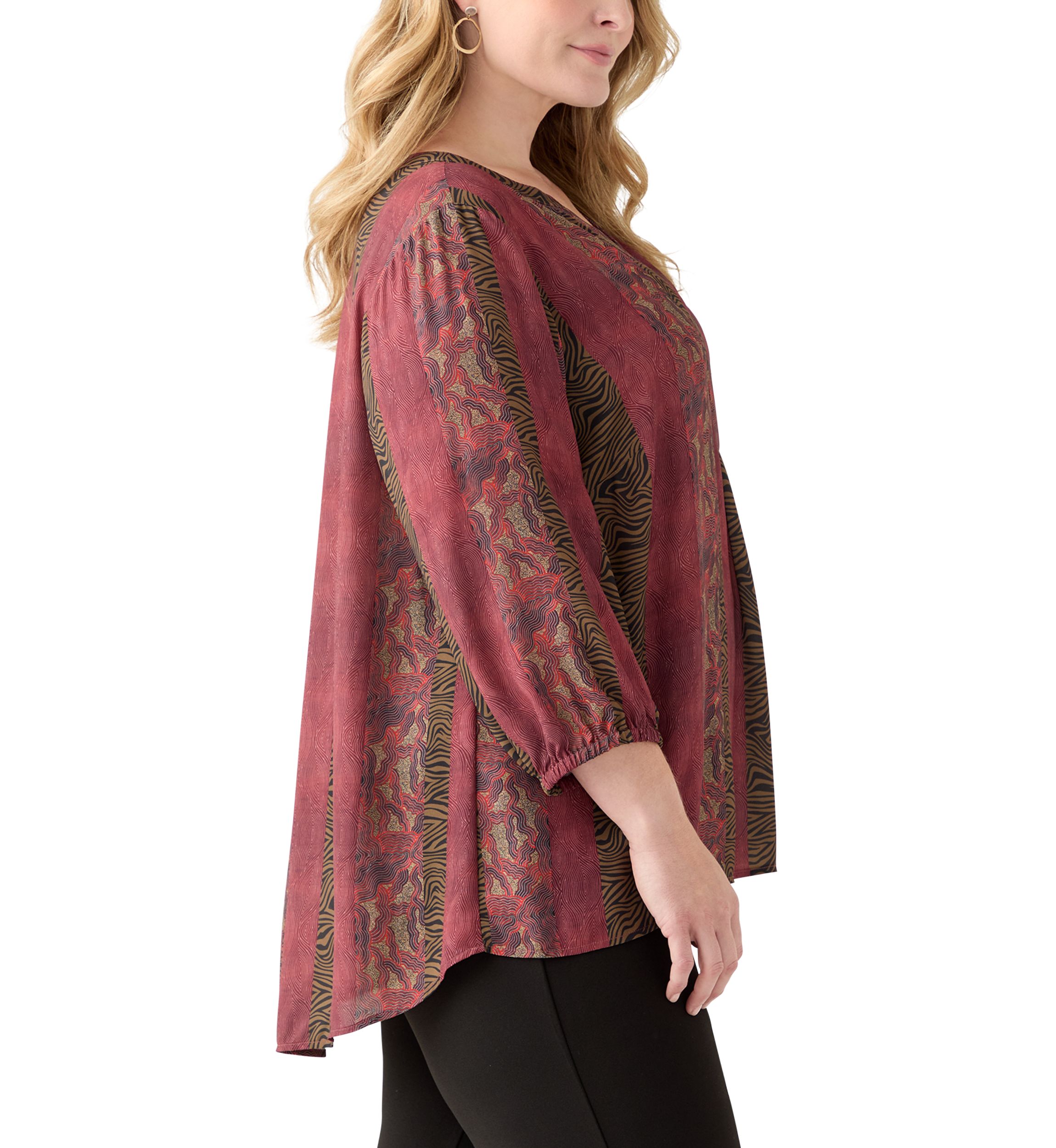 Plus Size 3/4 Blouson Sleeve Printed Popover Blouse