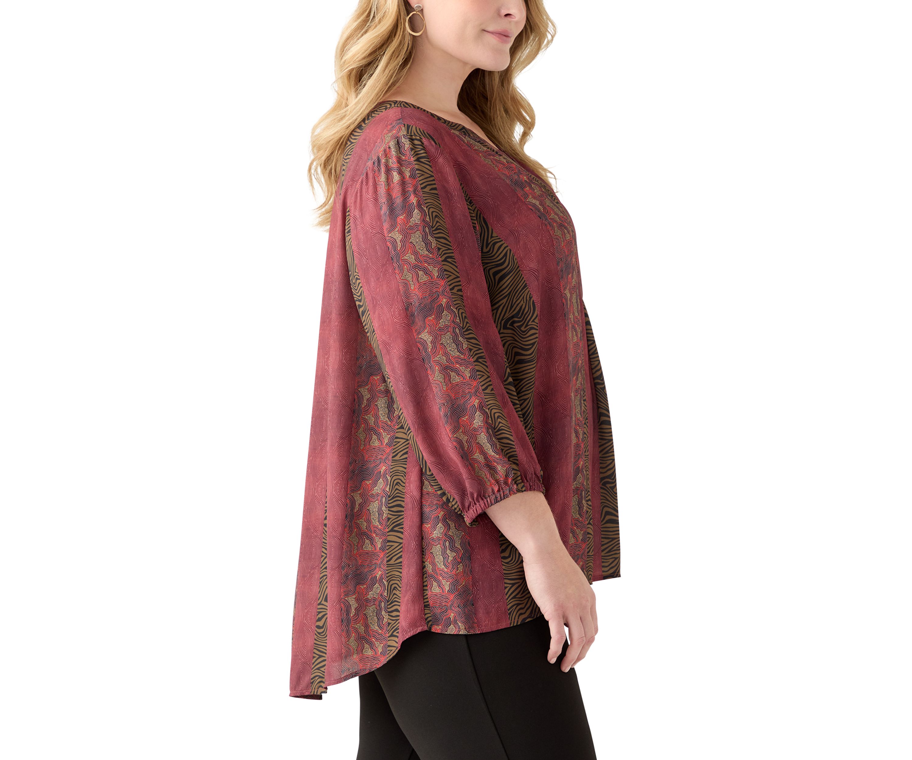 Plus Size 3/4 Blouson Sleeve Printed Popover Blouse