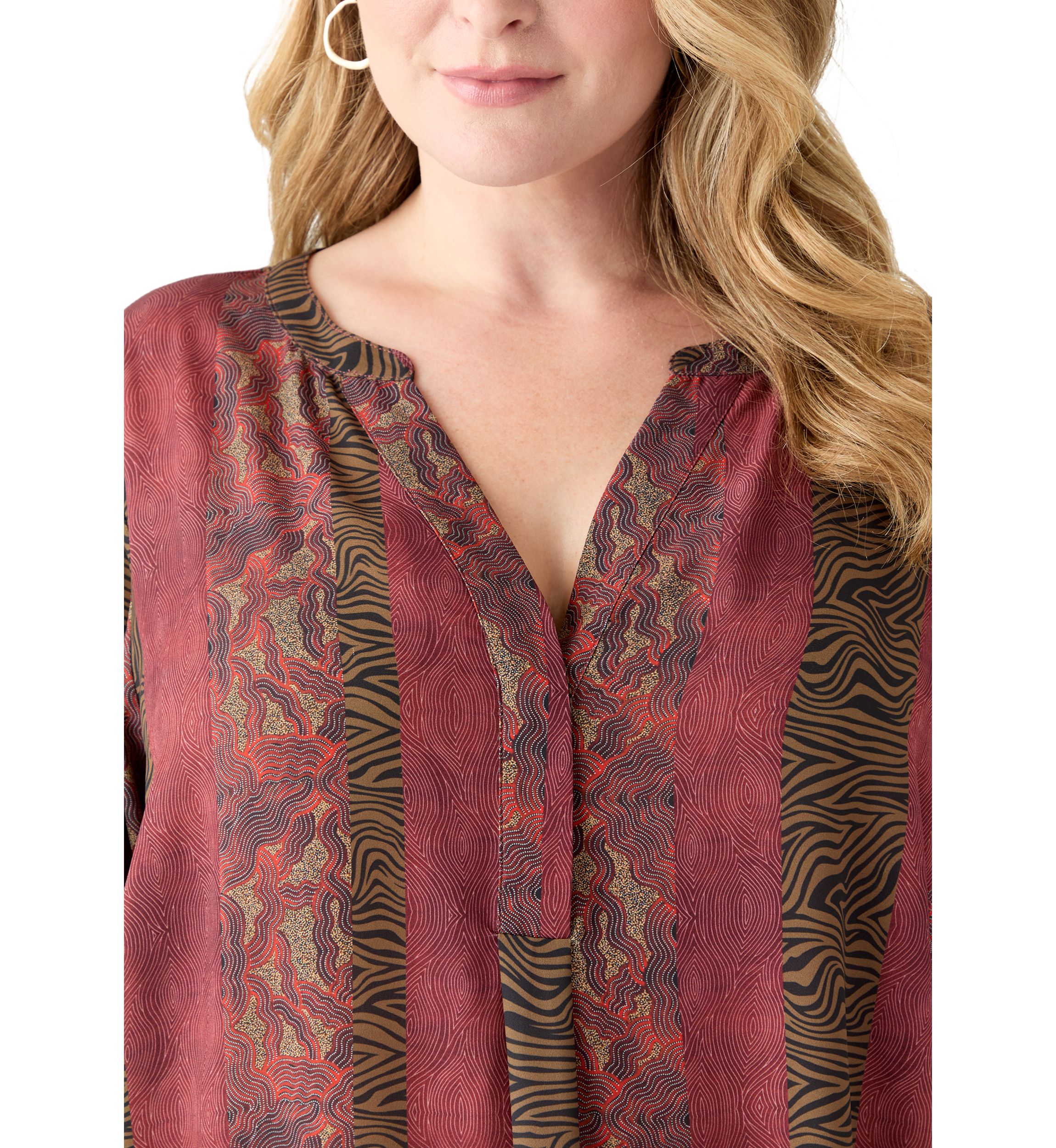 Plus Size 3/4 Blouson Sleeve Printed Popover Blouse