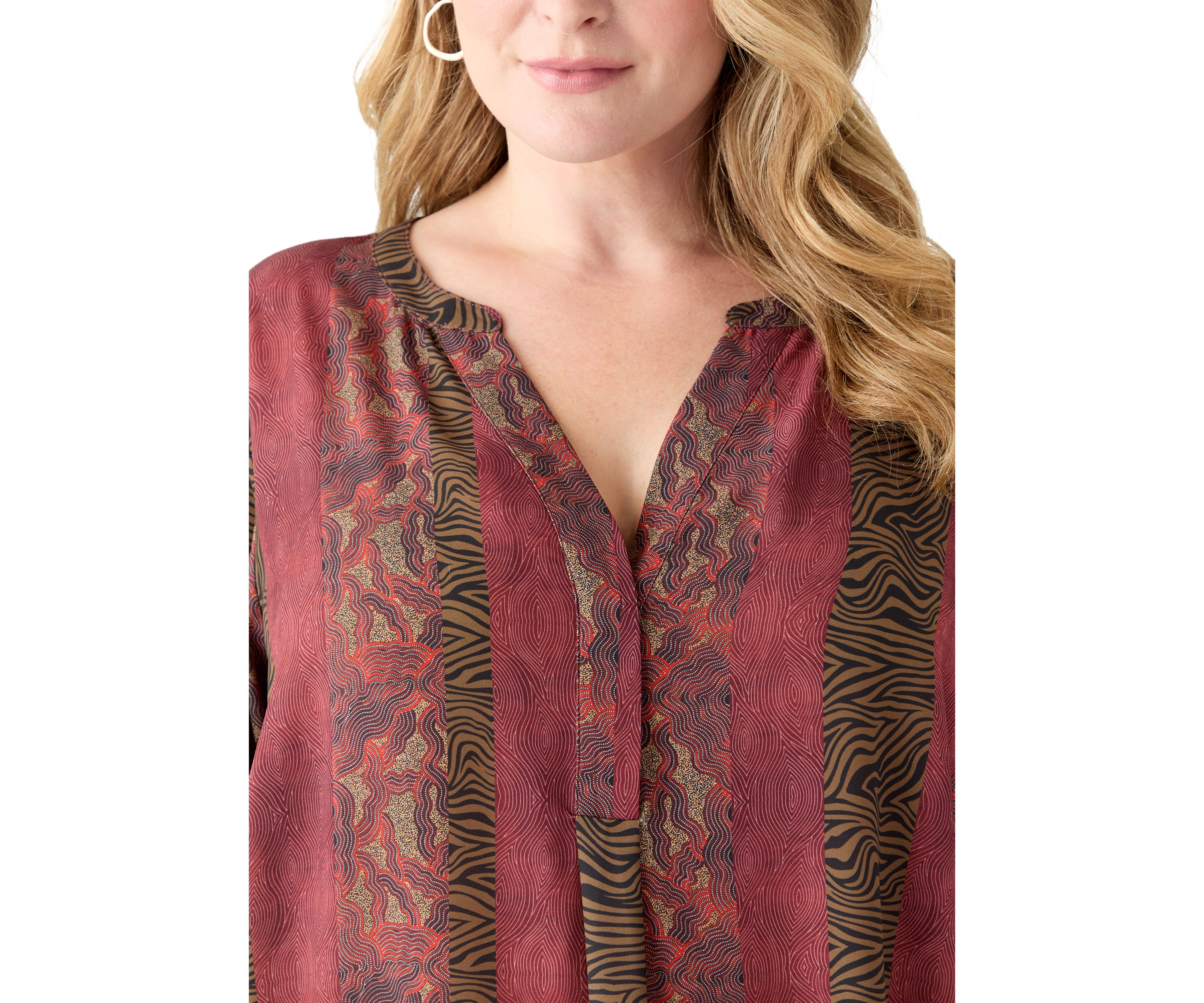 Plus Size 3/4 Blouson Sleeve Printed Popover Blouse