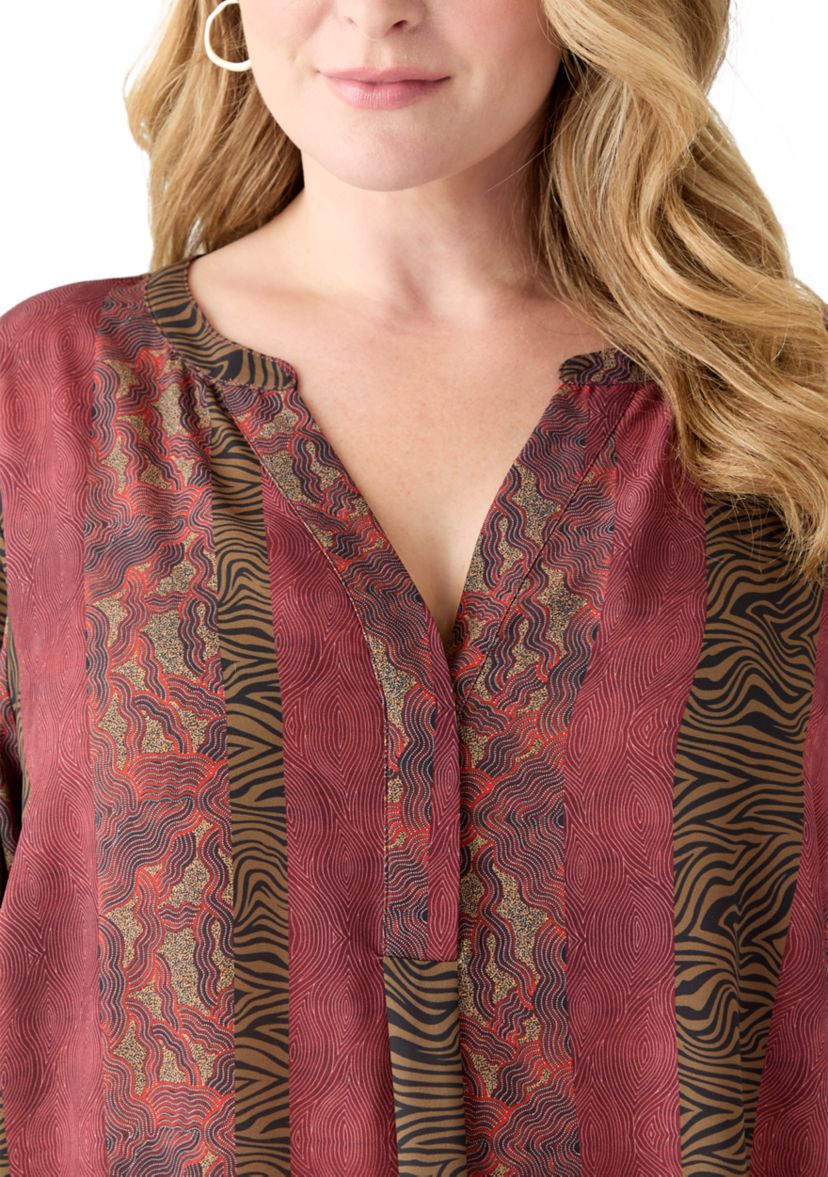 Plus Size 3/4 Blouson Sleeve Printed Popover Blouse