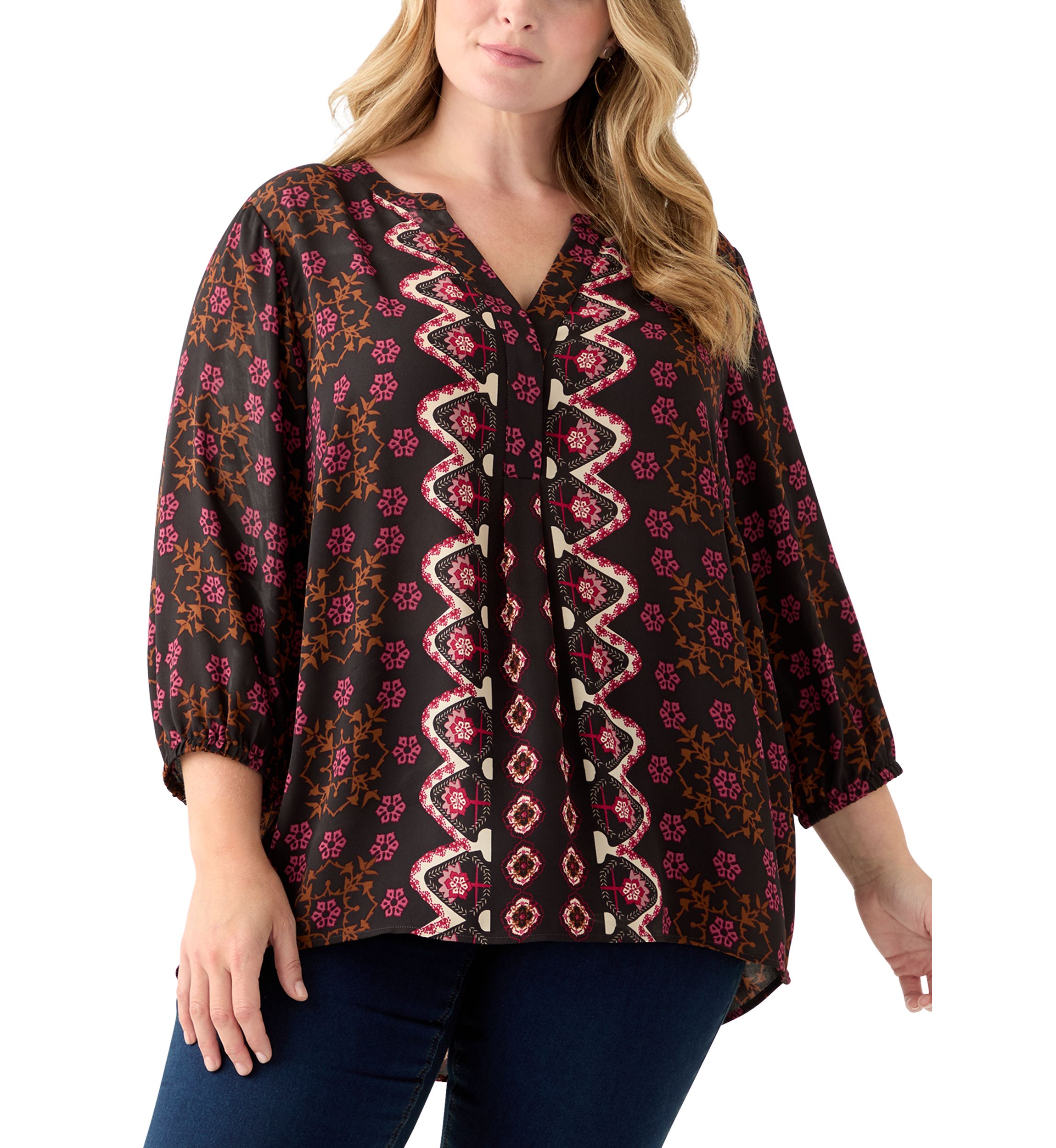 Plus Size 3/4 Blouson Sleeve Printed Popover Blouse 