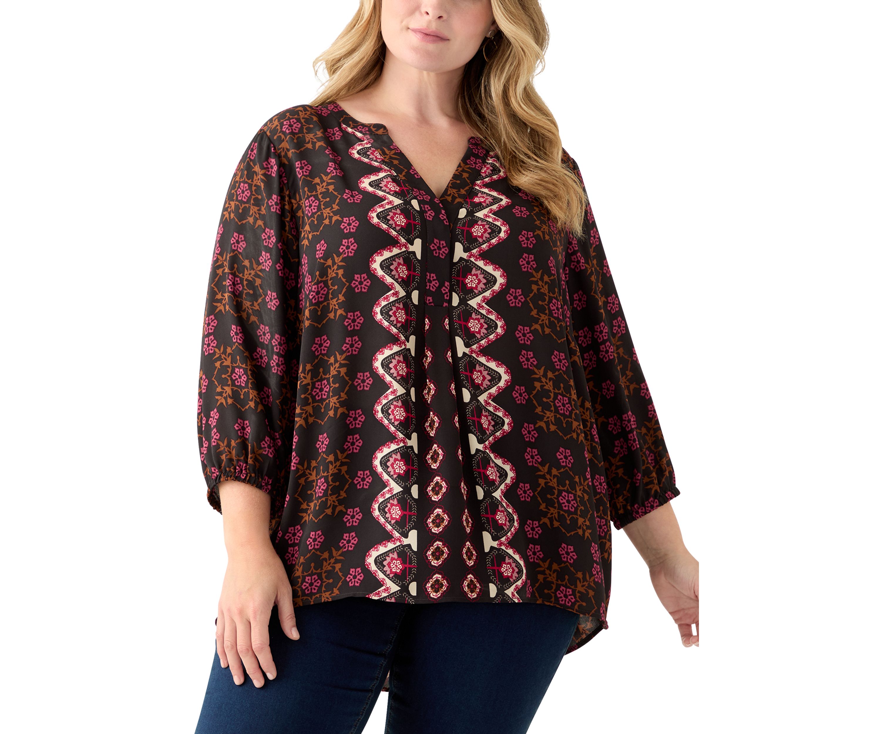 Plus Size 3/4 Blouson Sleeve Printed Popover Blouse 
