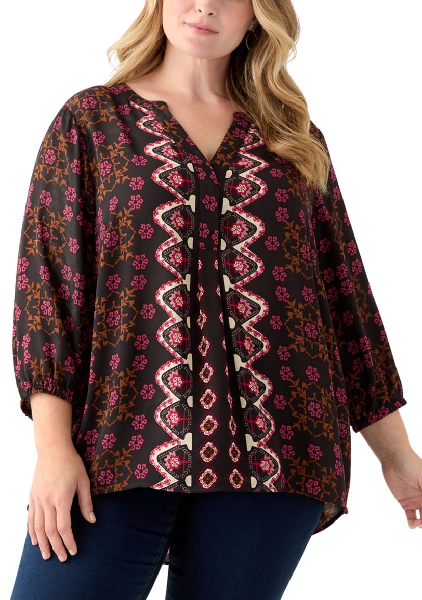 Plus Size 3/4 Blouson Sleeve Printed Popover Blouse 
