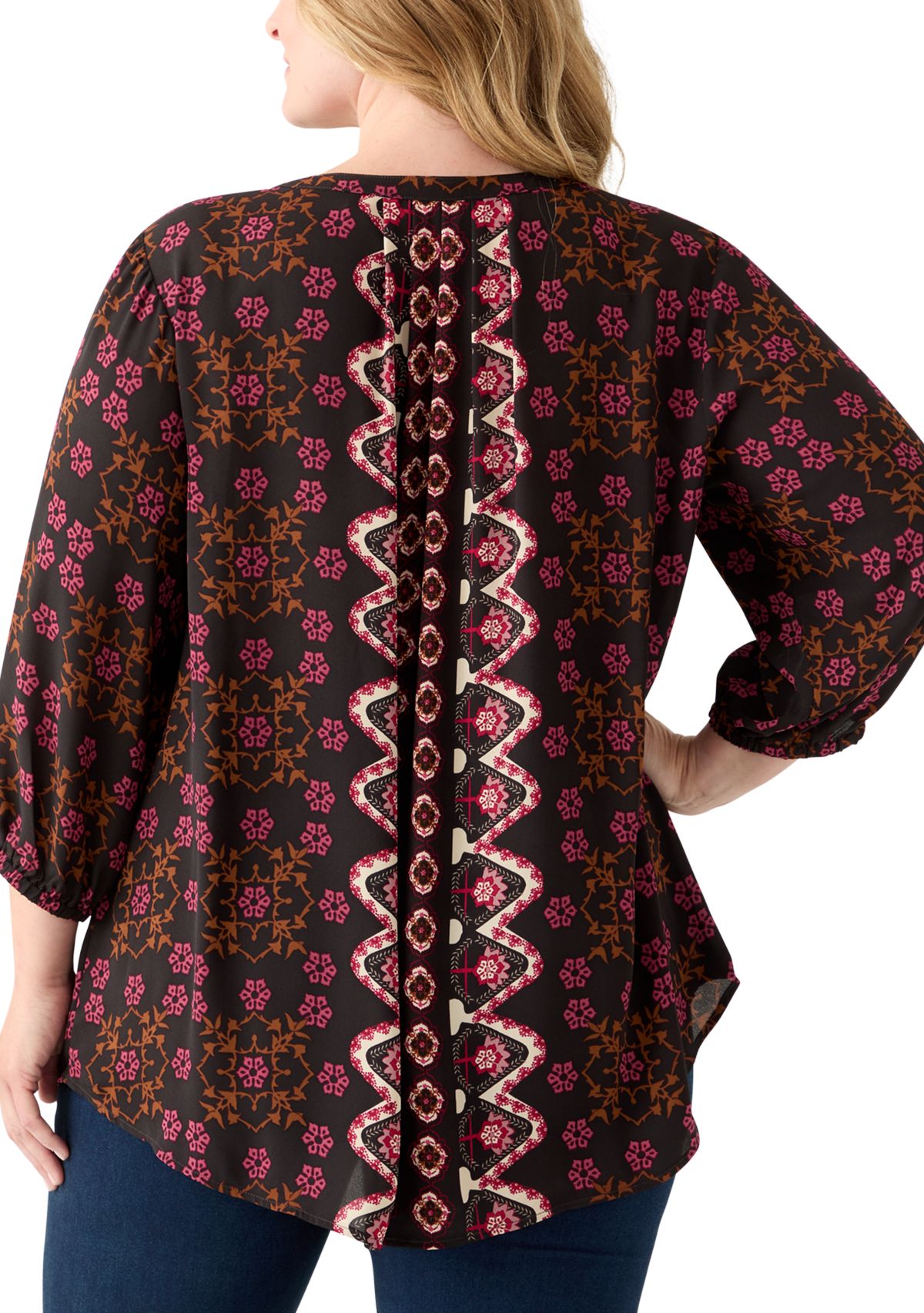 Plus Size 3/4 Blouson Sleeve Printed Popover Blouse 