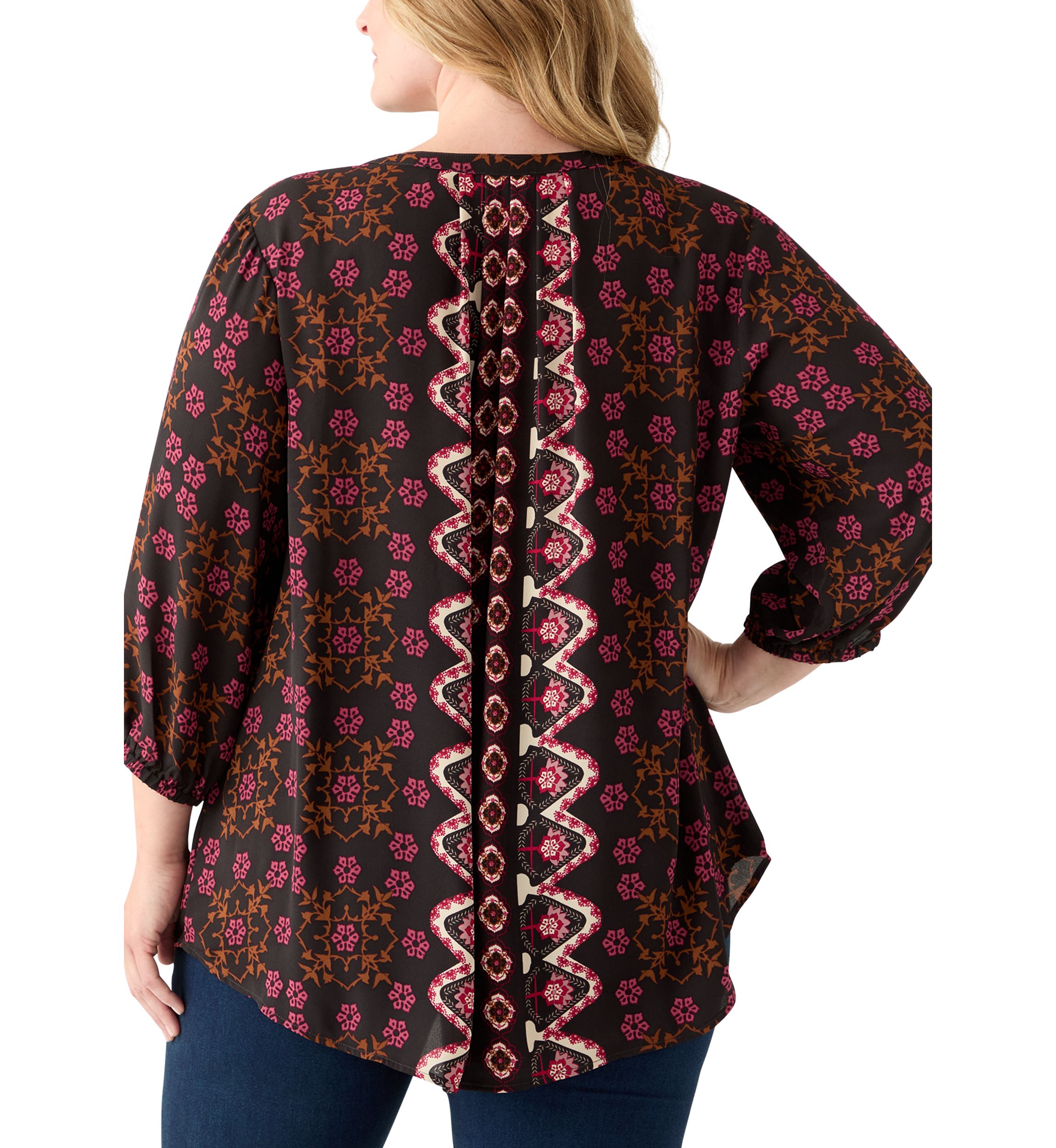 Plus Size 3/4 Blouson Sleeve Printed Popover Blouse 