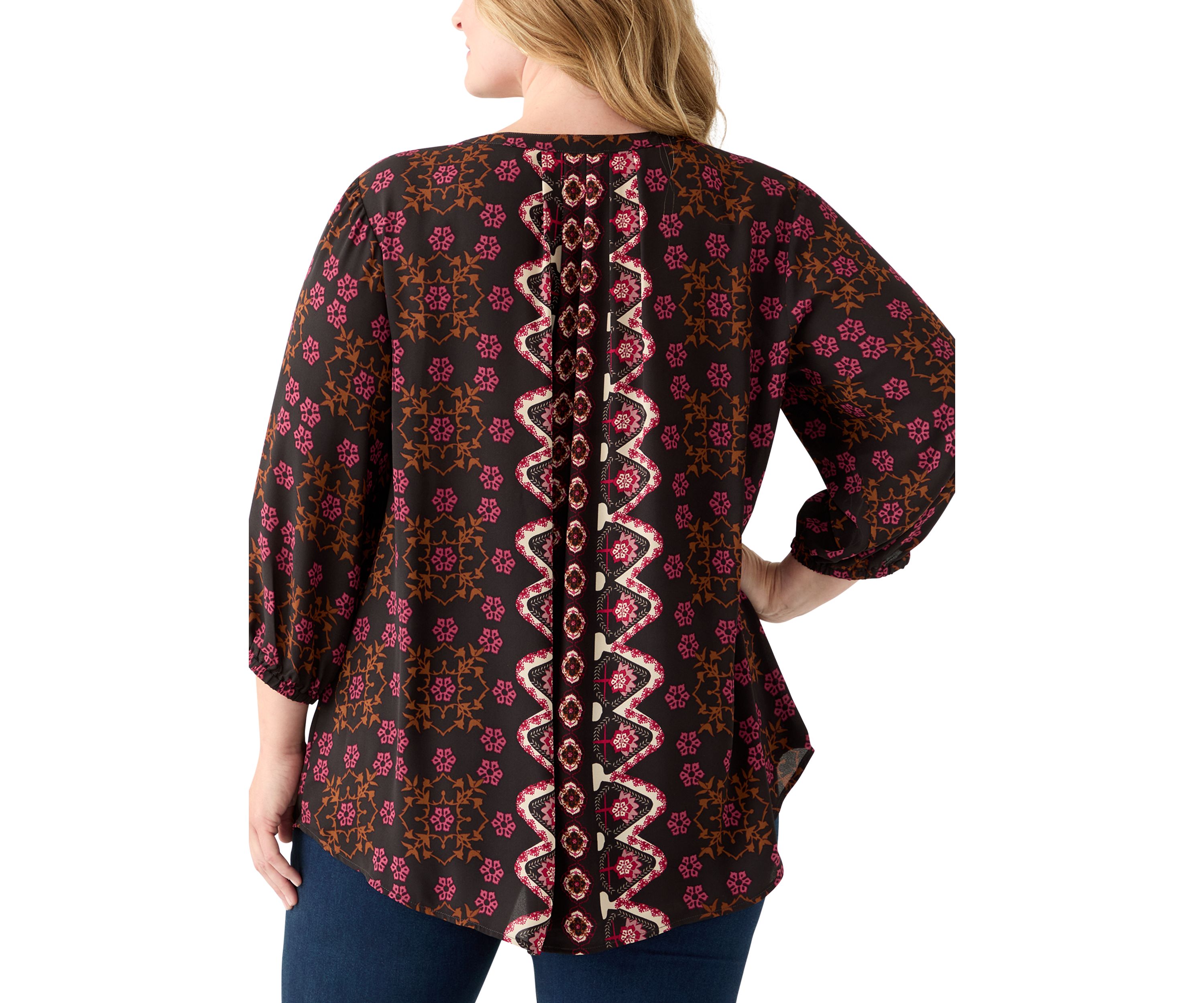 Plus Size 3/4 Blouson Sleeve Printed Popover Blouse 