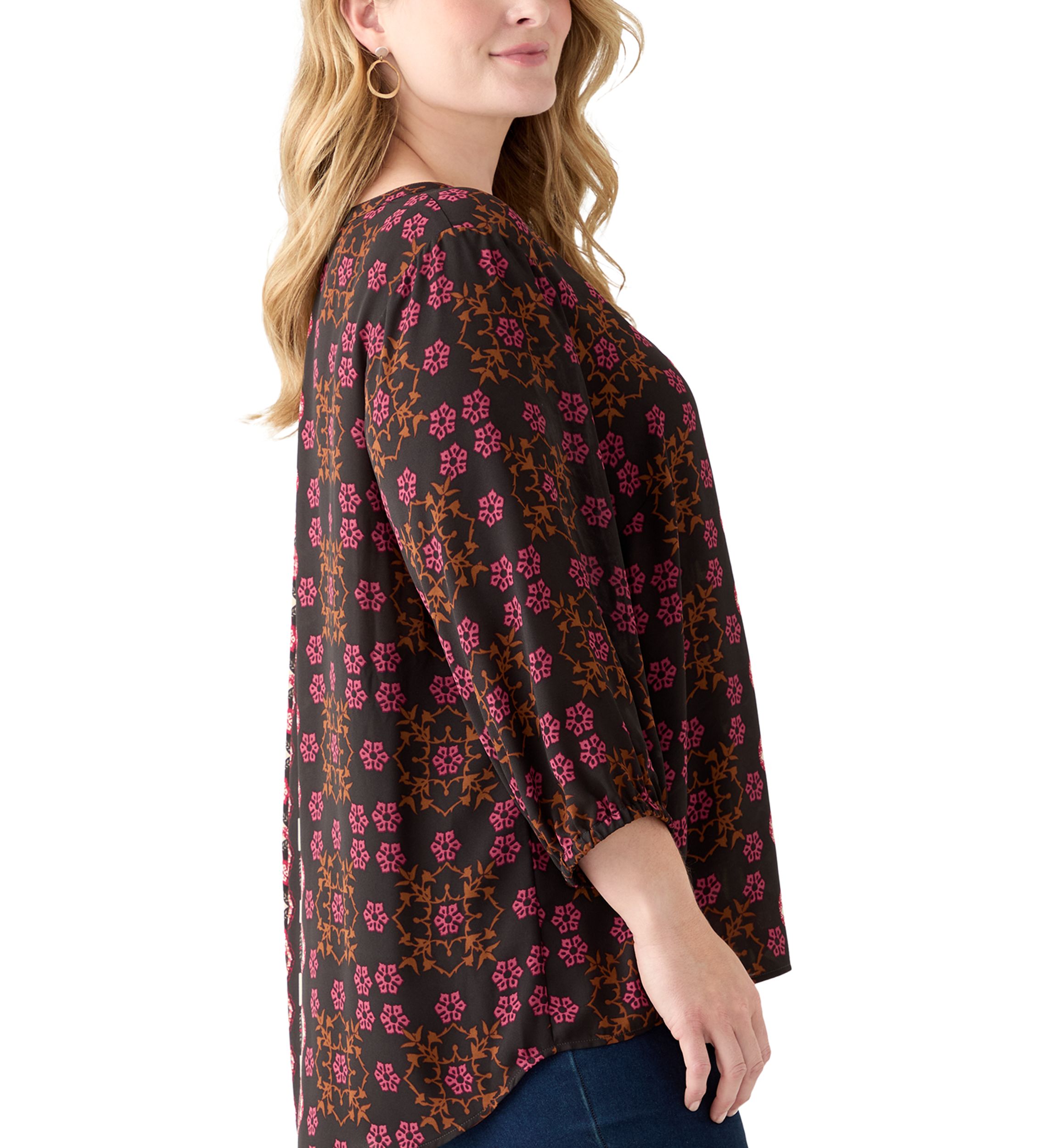 Plus Size 3/4 Blouson Sleeve Printed Popover Blouse 