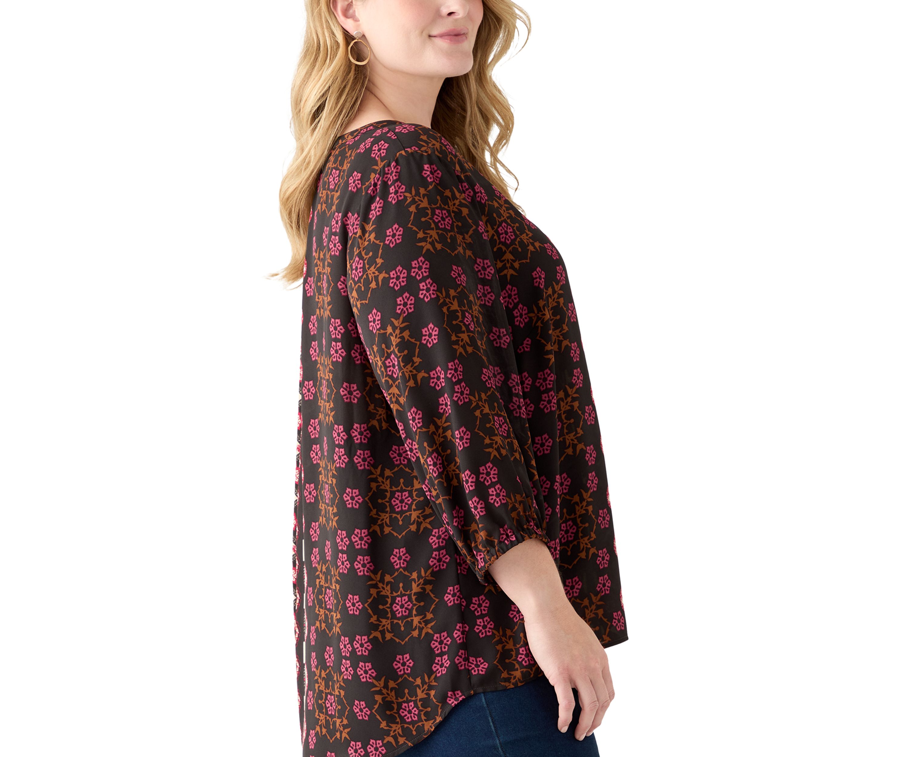 Plus Size 3/4 Blouson Sleeve Printed Popover Blouse 