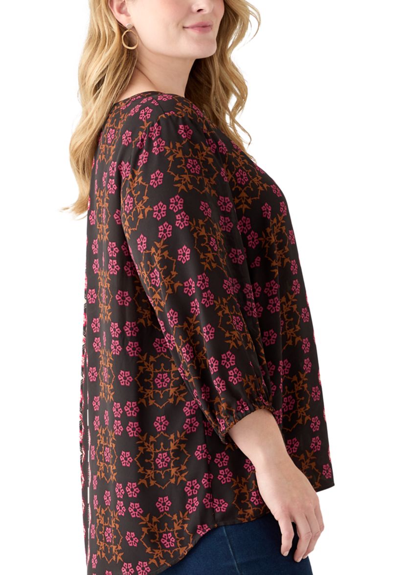 Plus Size 3/4 Blouson Sleeve Printed Popover Blouse 