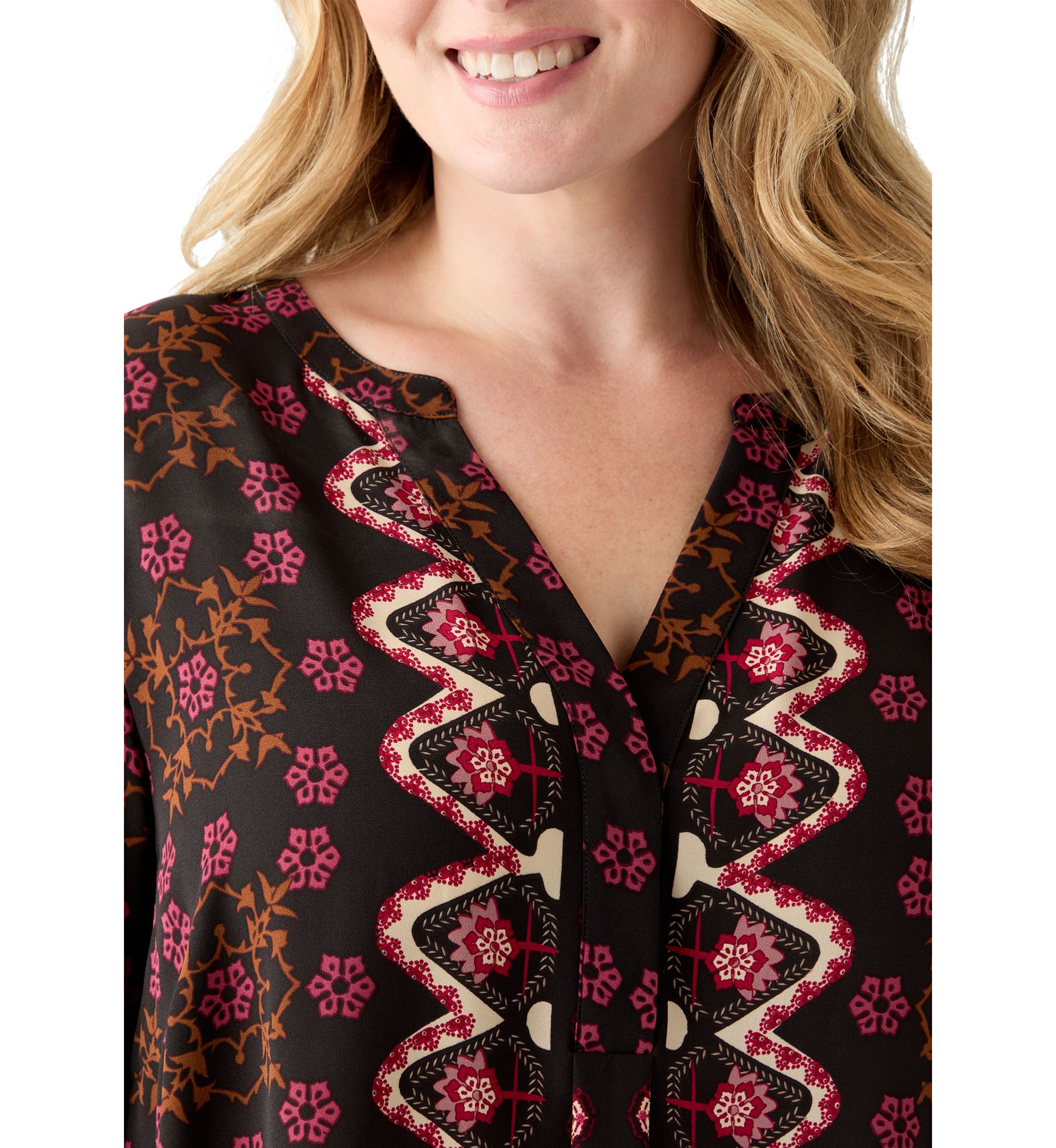 Plus Size 3/4 Blouson Sleeve Printed Popover Blouse 