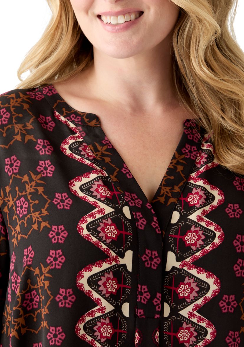 Plus Size 3/4 Blouson Sleeve Printed Popover Blouse 