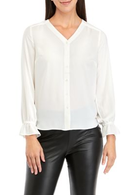 Women's White Long Sleeve V Neck Collarless Ladies' A-Line Blouse