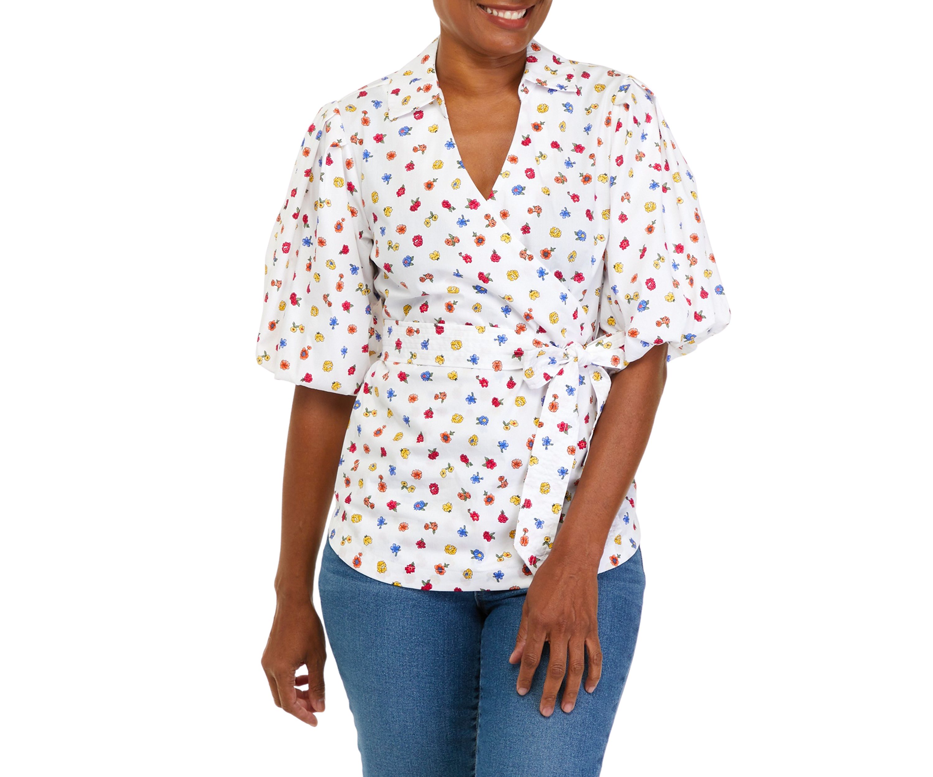 Womens Floral Toss Print Cotton Blend Balloon Sleeve Blouse