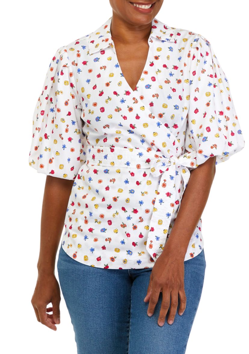 Womens Floral Toss Print Cotton Blend Balloon Sleeve Blouse
