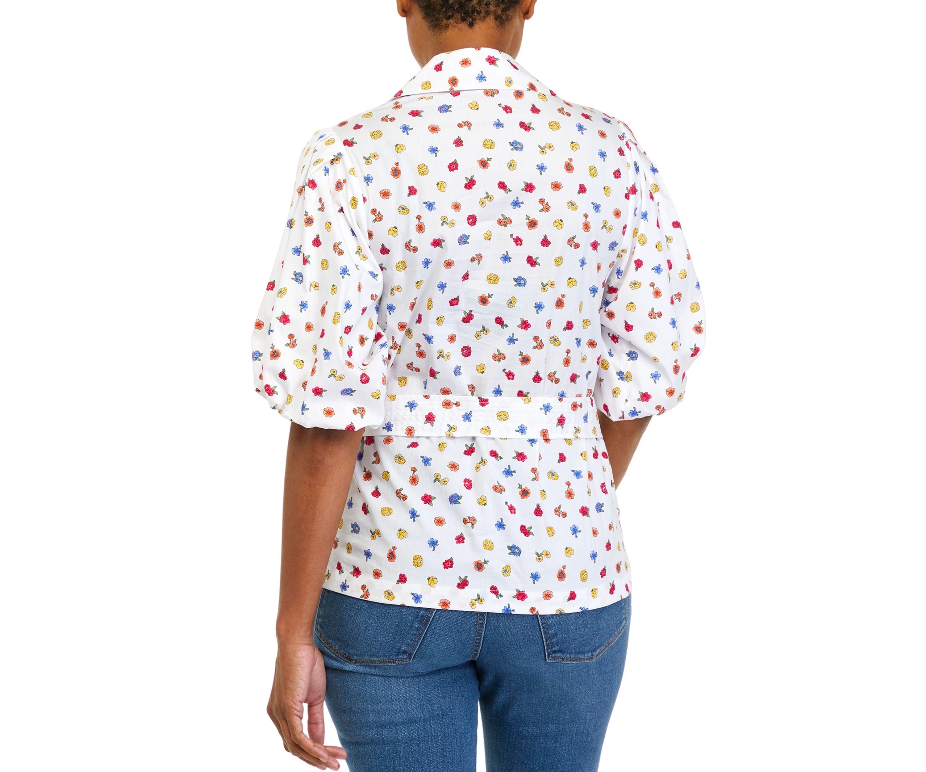 Womens Floral Toss Print Cotton Blend Balloon Sleeve Blouse