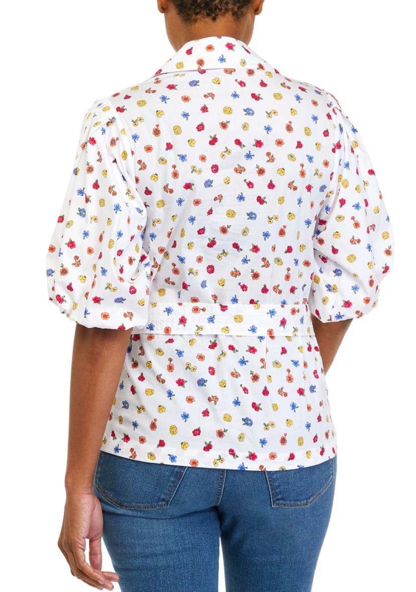 Womens Floral Toss Print Cotton Blend Balloon Sleeve Blouse