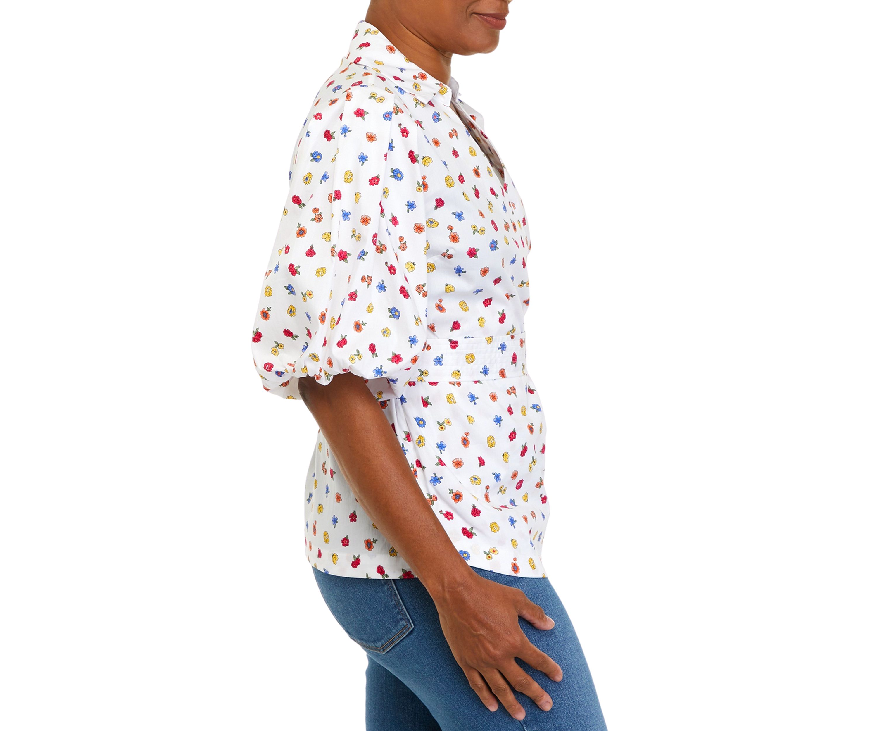 Womens Floral Toss Print Cotton Blend Balloon Sleeve Blouse