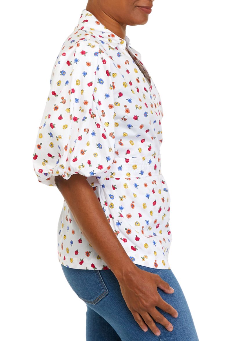 Womens Floral Toss Print Cotton Blend Balloon Sleeve Blouse