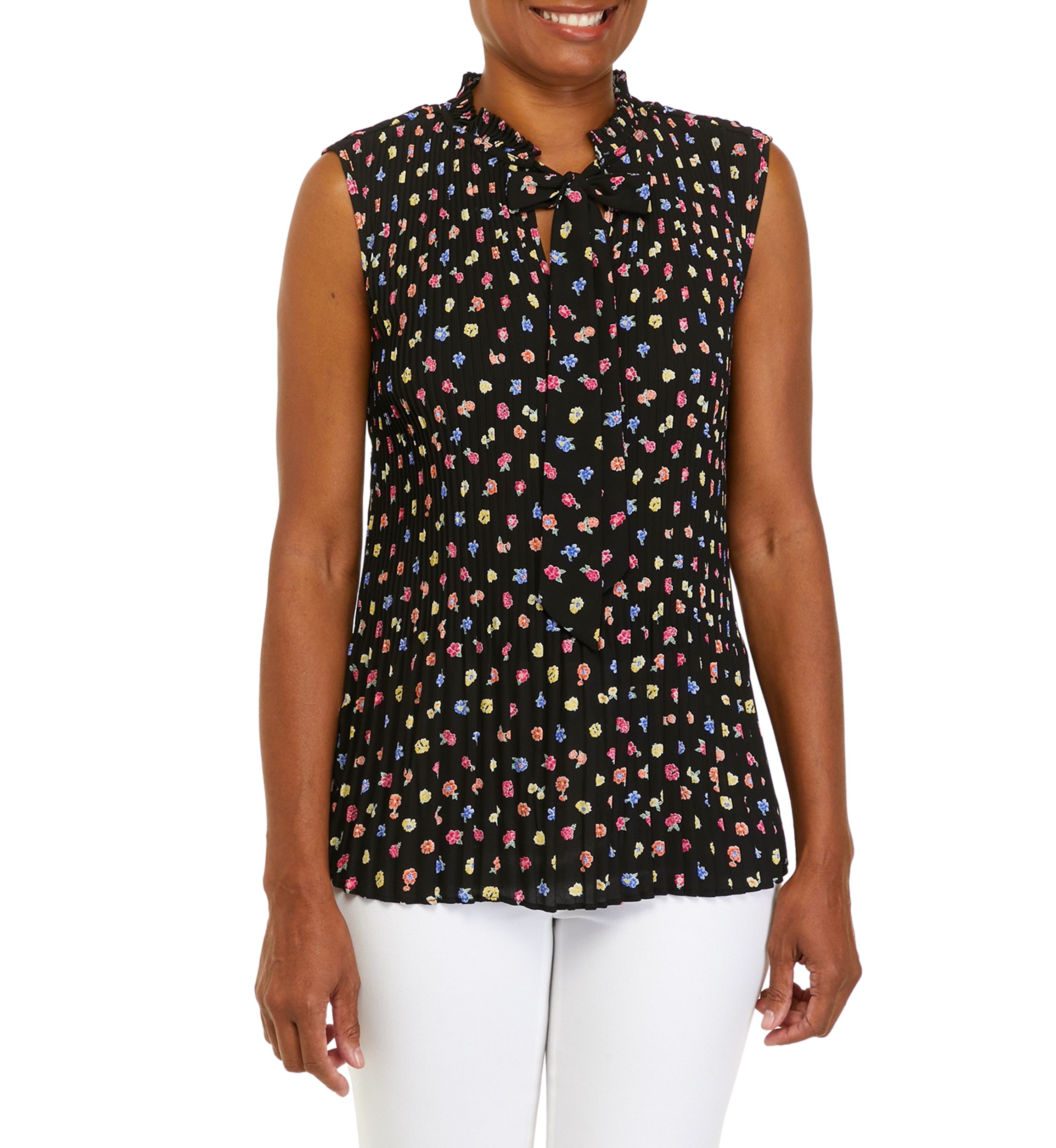 Womens Floral Toss Print Pleated Blouse