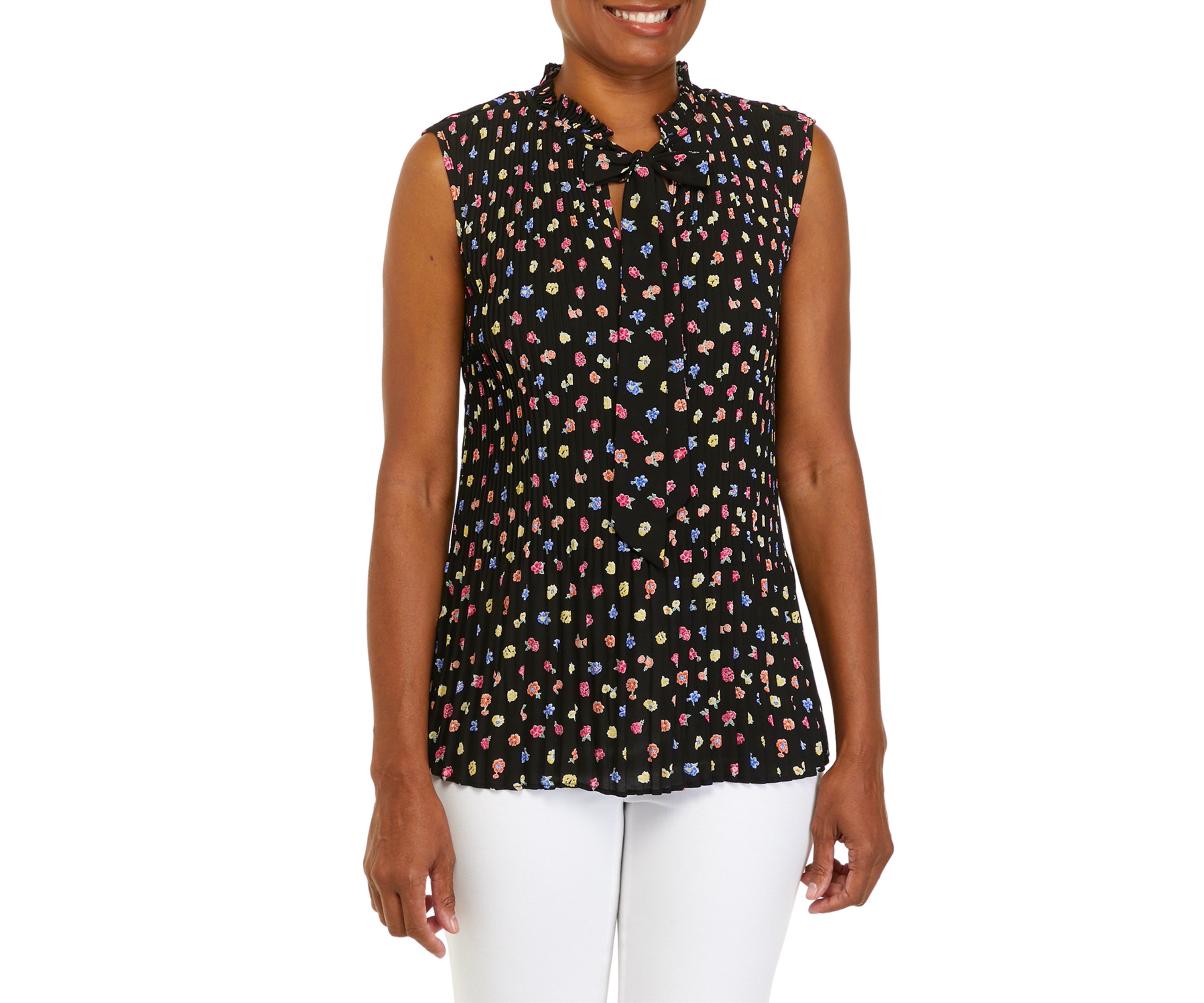 Womens Floral Toss Print Pleated Blouse