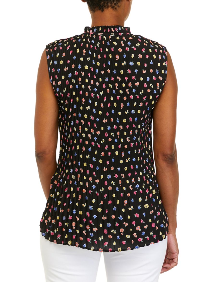 Womens Floral Toss Print Pleated Blouse