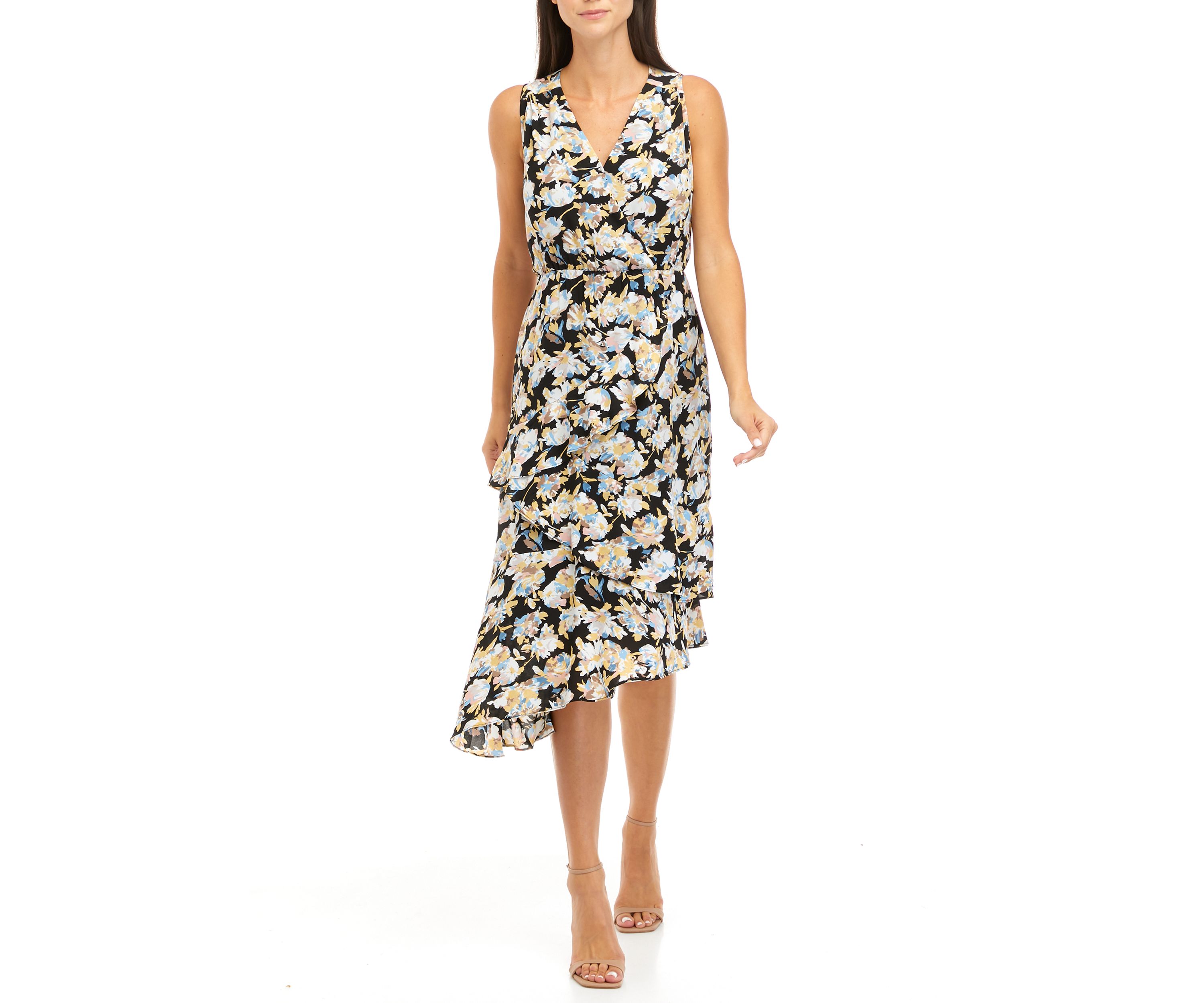 Womens Summer Splash Print Asymmetrical Ruffle Midi Dress
