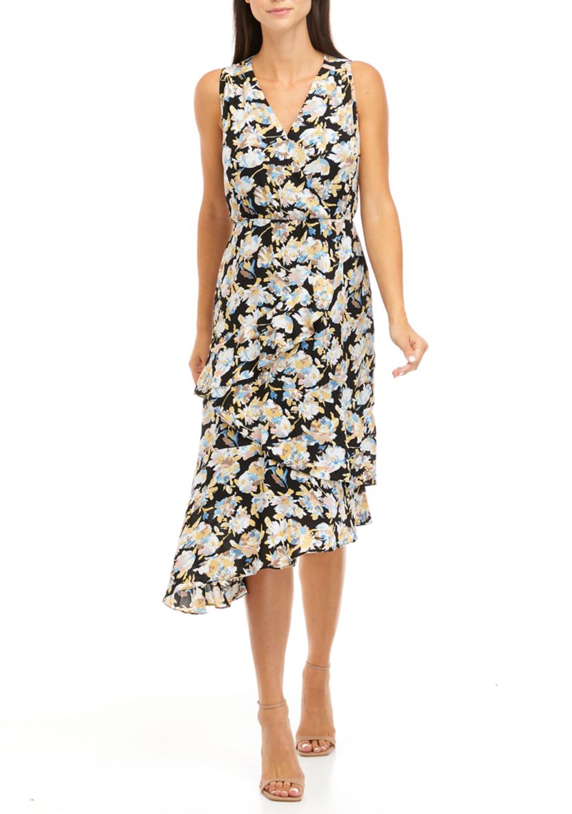 Womens Summer Splash Print Asymmetrical Ruffle Midi Dress