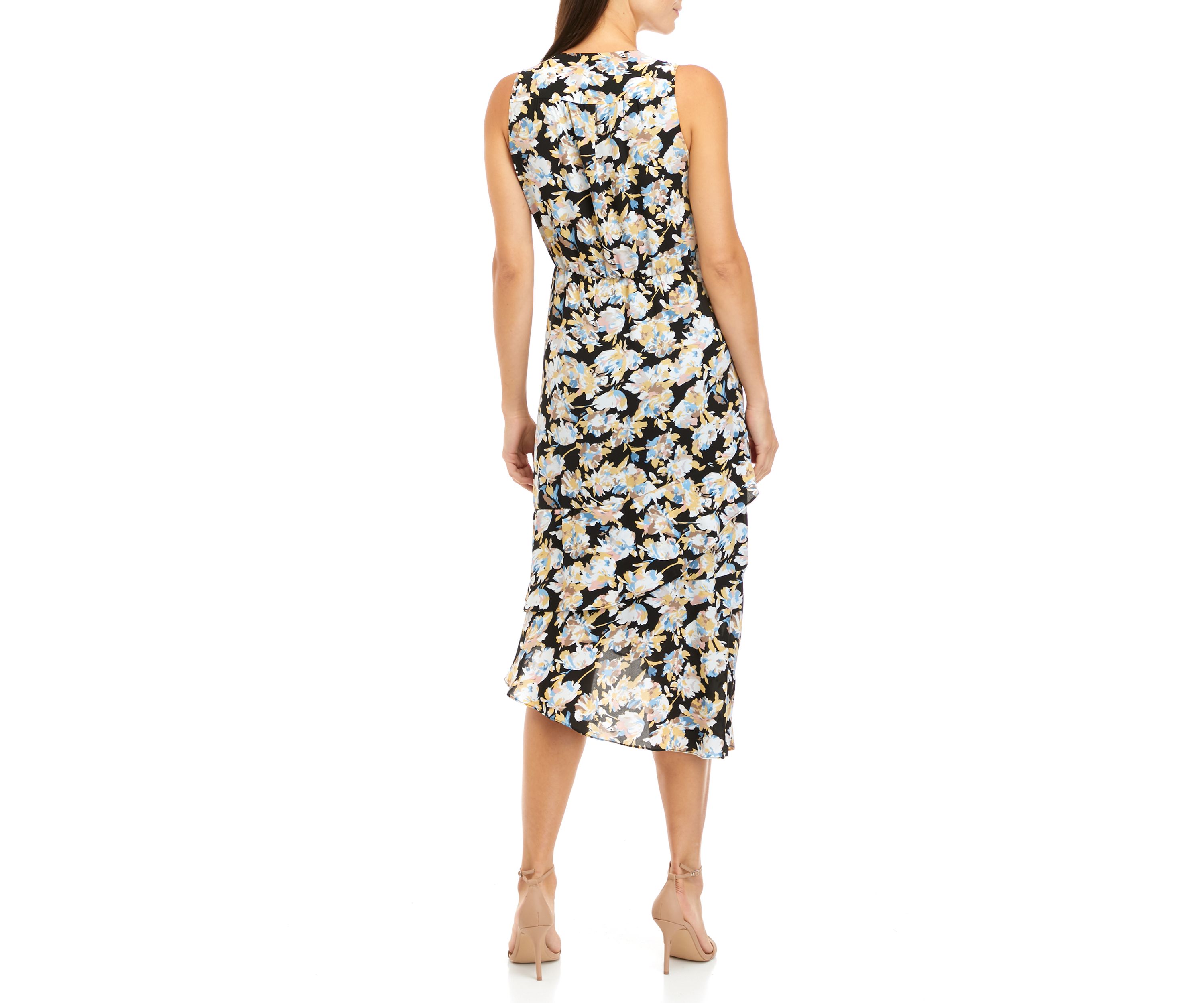 Womens Summer Splash Print Asymmetrical Ruffle Midi Dress