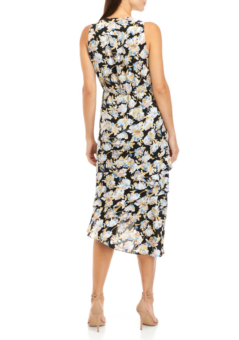 Womens Summer Splash Print Asymmetrical Ruffle Midi Dress