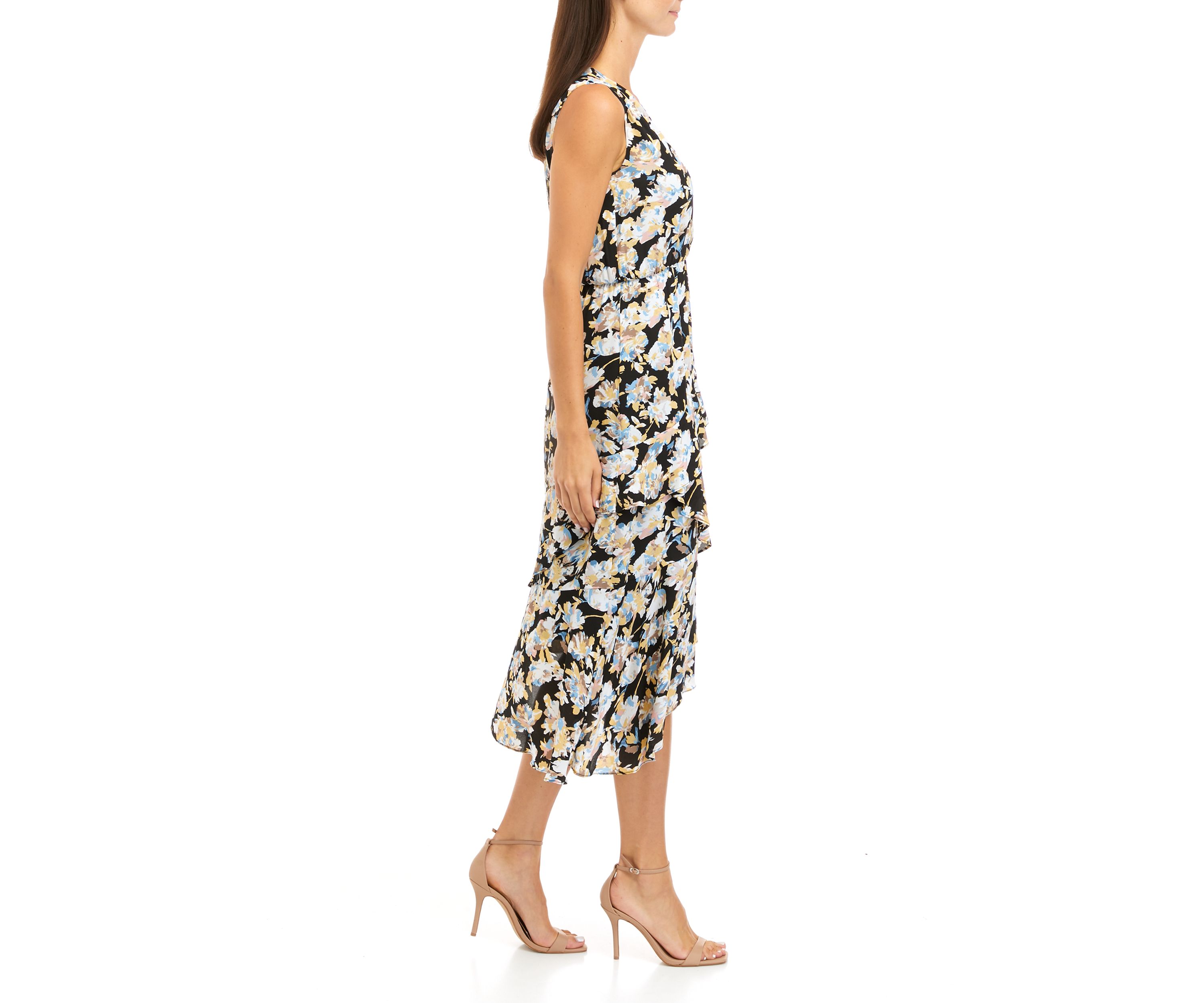 Womens Summer Splash Print Asymmetrical Ruffle Midi Dress