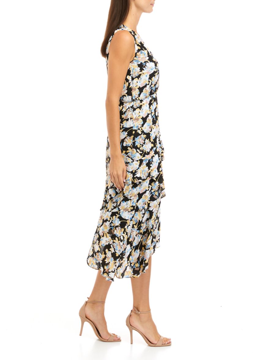 Womens Summer Splash Print Asymmetrical Ruffle Midi Dress