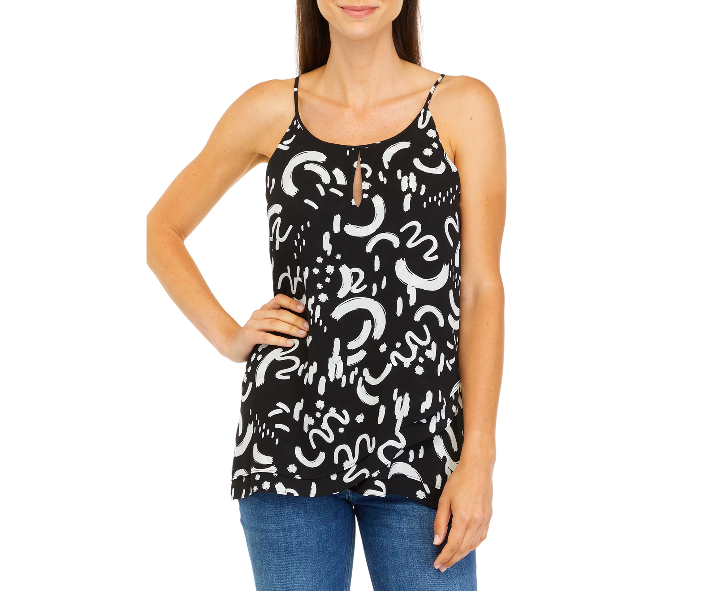 Womens Black and White Brushstroke Print Double Layer Blouse