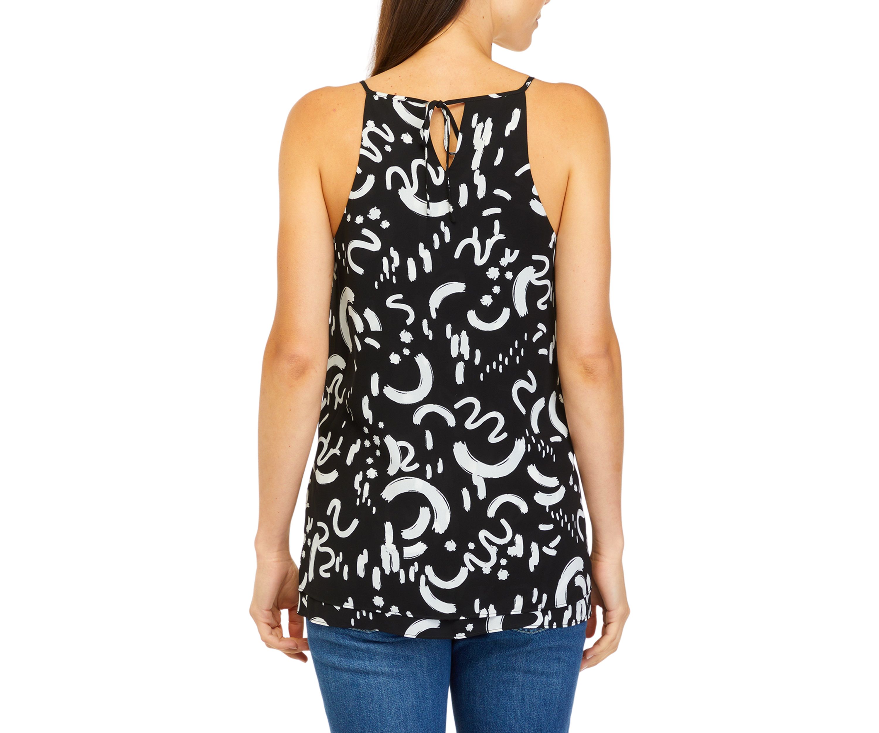 Womens Black and White Brushstroke Print Double Layer Blouse
