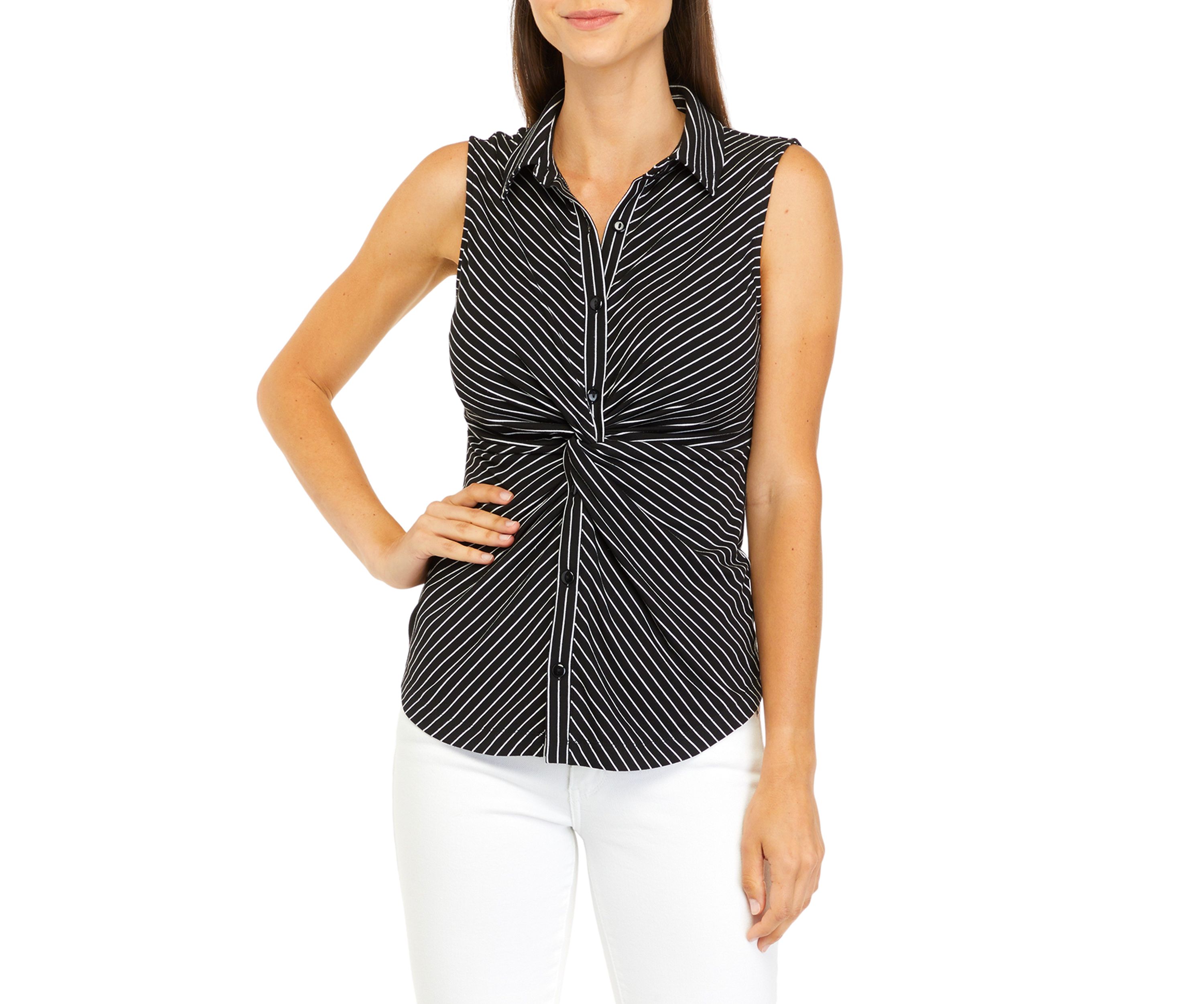 Womens Black and White Stripe Collar Button Down Top