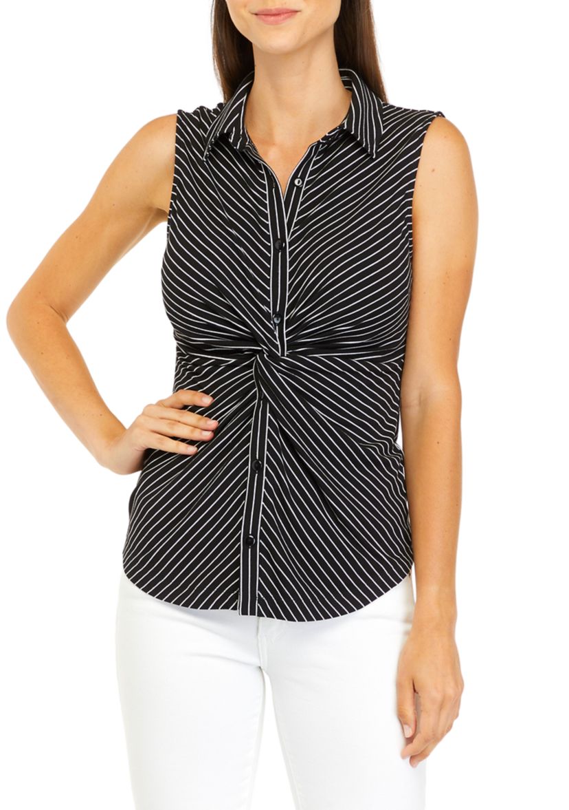 Womens Black and White Stripe Collar Button Down Top